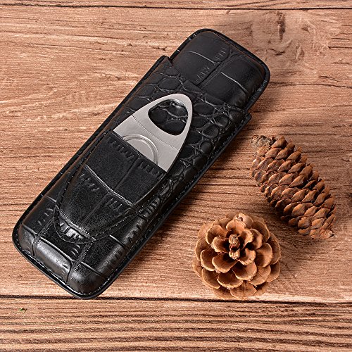 Volenx Travel Cigar Case for 2 Cigars, Leather Humidor Cigar Case with Stainless Steel Cigar Cutter(Black)