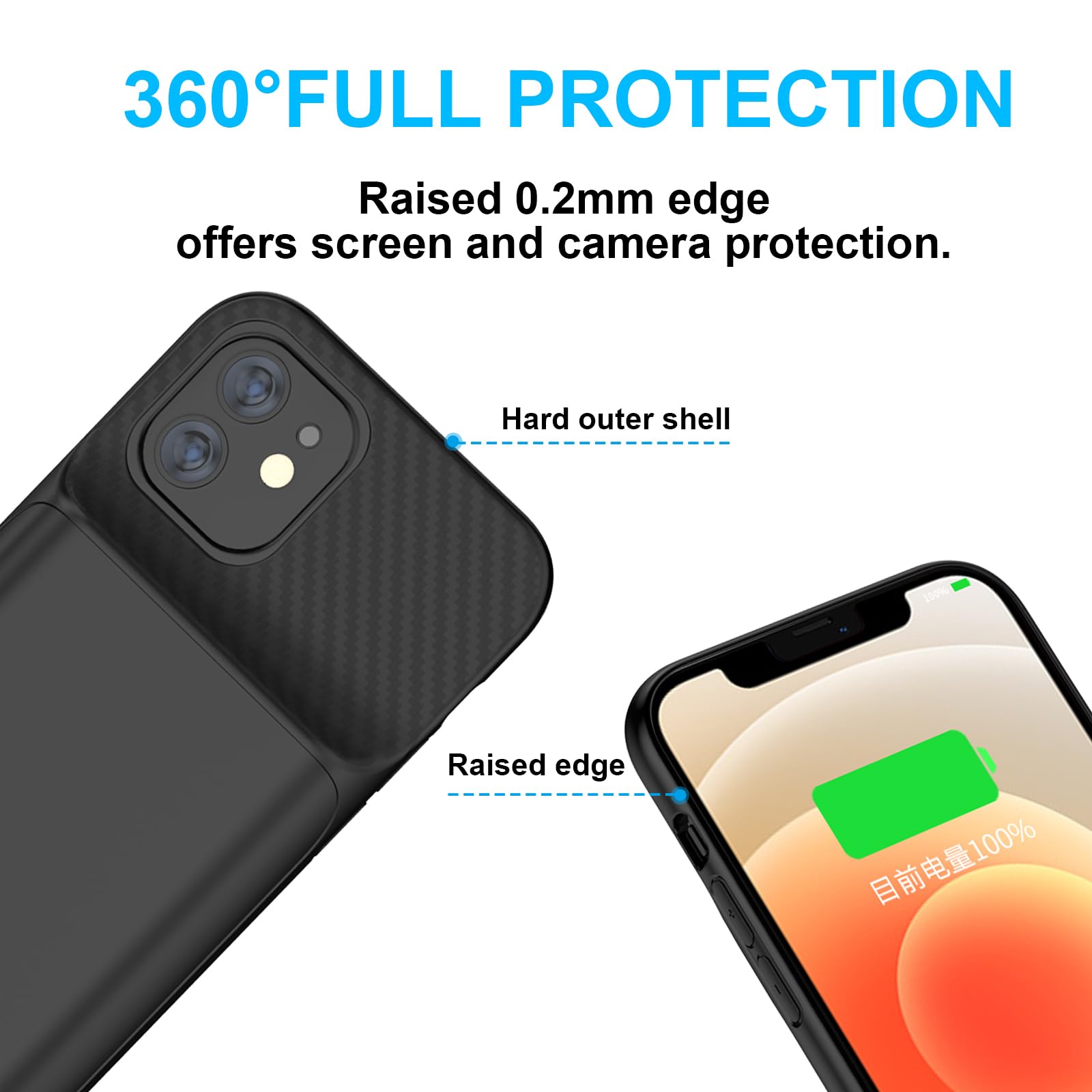 Custodia con batteria da 13800 mAh per iPhone 12/12 Pro, custodia protettiva ricaricabile ad alta capacità, caricabatterie intelligente esteso, nero