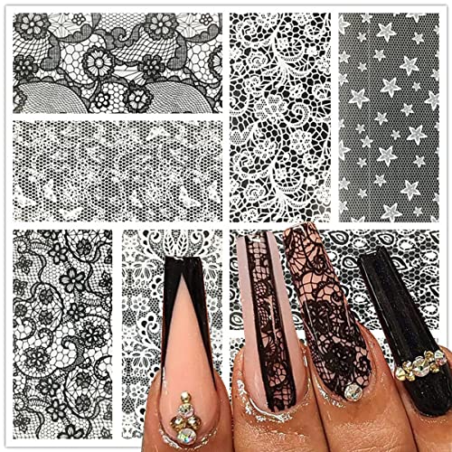 ASVNRES Selected 50 Sheets Retro Atmosphere Lace Nail Art Foil Transfer Stickers, Black White Lace Design Nail Transfer Foils for Acrylic Manicure Tips Wraps Charms Decorations