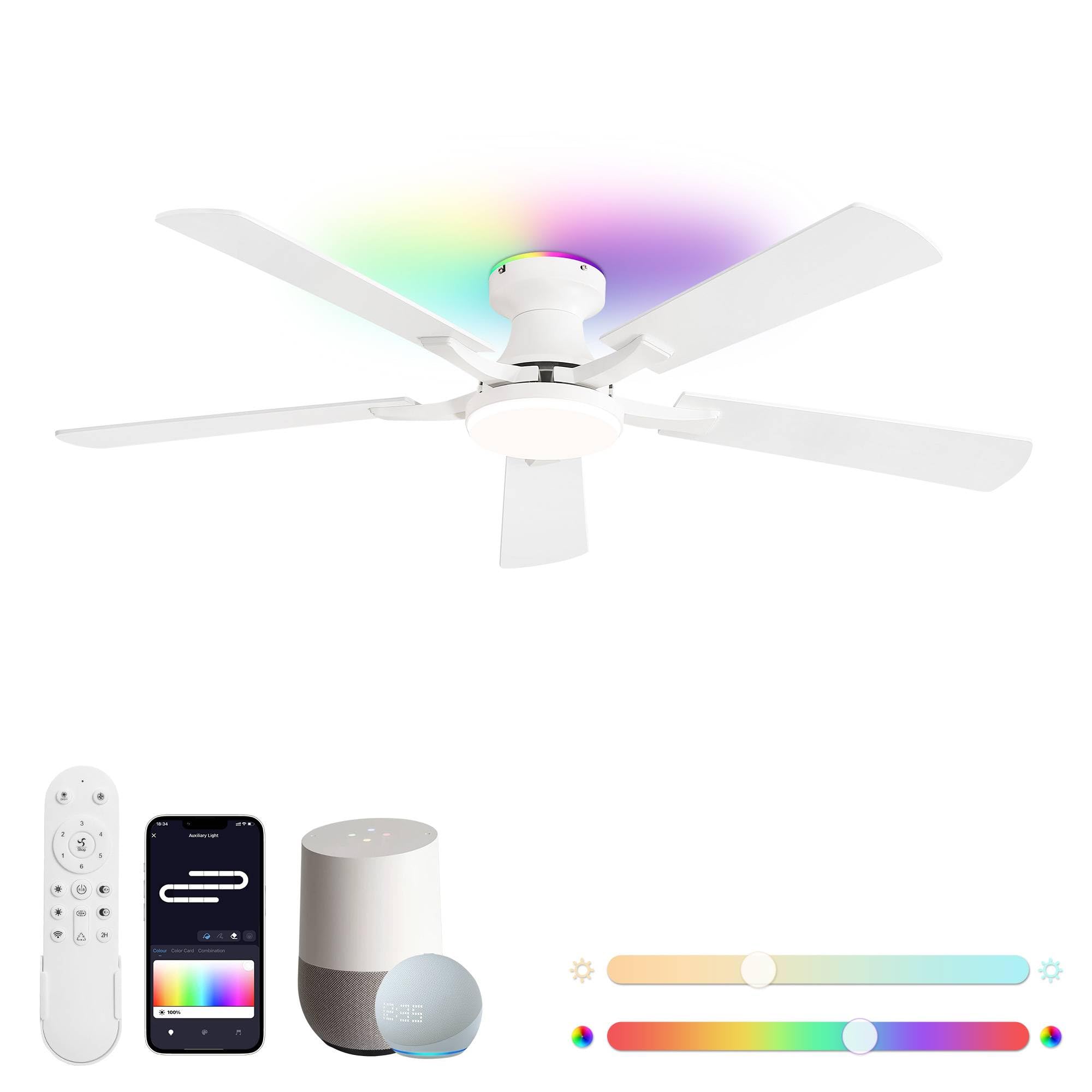 ZMISHIBO 52 Inch Ceiling Fan with RGB Lights, Low Profile Flush