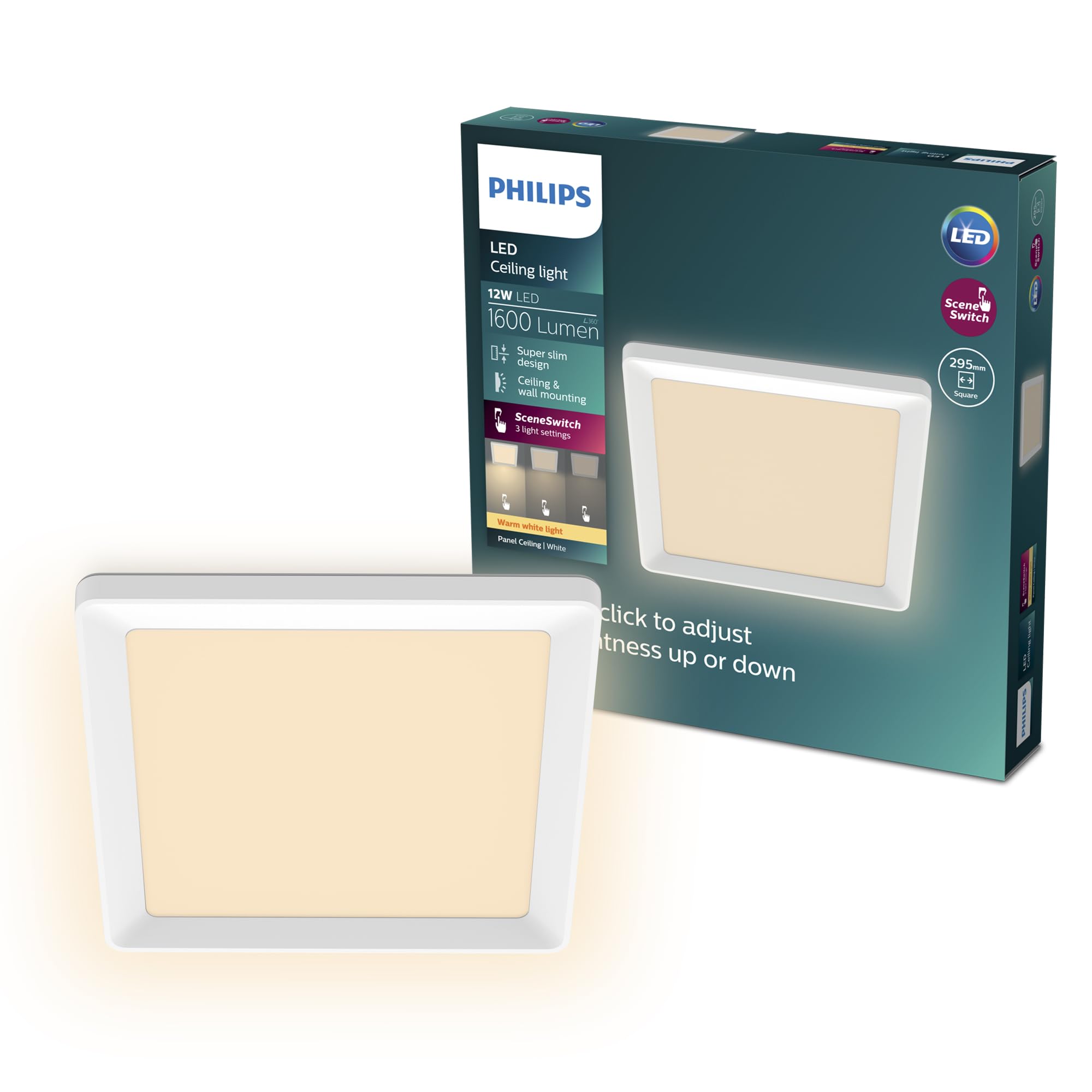 Philips LED SceneSwitch Ceiling Light (12 W), Rectangular (30x30 cm), with Warm White Light, dimmable, White