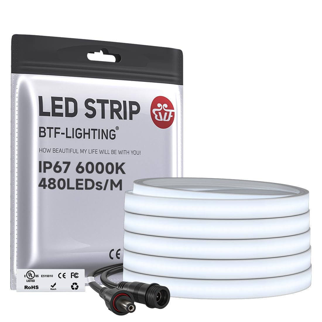 BTF-LIGHTING COB LED Strip Light, UL Listed Diffused Neon Light Cool White 6000K, IP67 Waterproof 16.4FT DC12V 10mm Width LED Light for Home Indoor DIY Lighting(No Adhesive, Adapter &amp; Controller)