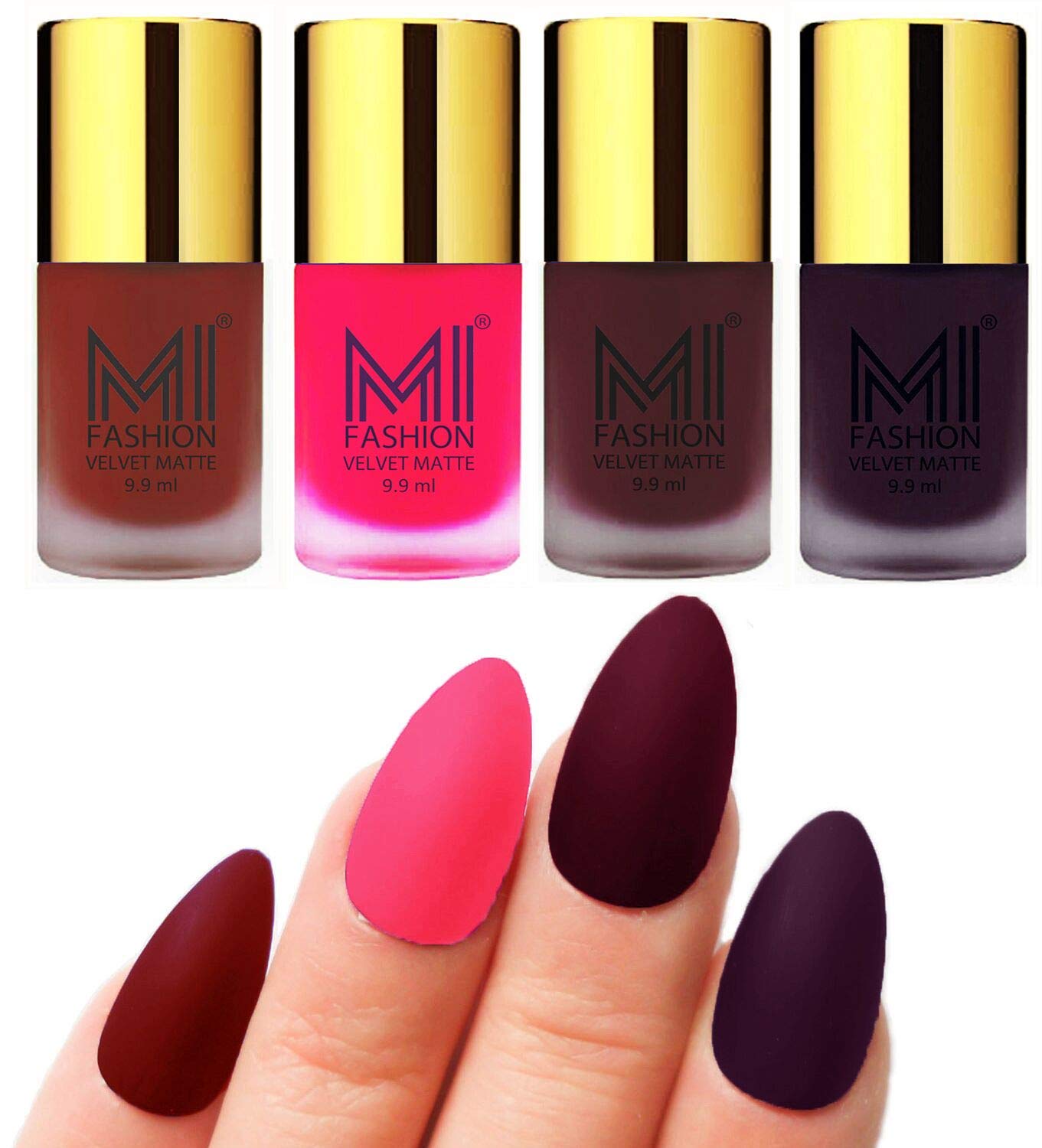 MI FASHION Highly Pigmented Velvet Matte Nail Paint Set Effortless Matte Top Colour 9.9ml Red, Neon Pink, Red Wine, Dark Purple (Pack Of-4)-image-5