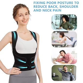 Posture Corrector for Women Men Back Support Brace Adjustable Shoulder Neck Lumbar Belt Strap Spinal Posture Correction Relieve Upper Back Shoulders Pain for Home Office Gym (Black, M) (Black, M)