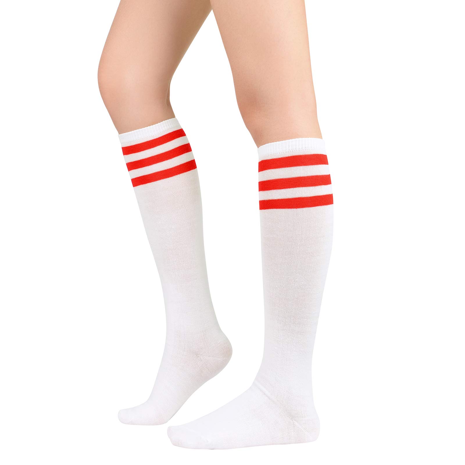 Womens Athletic Knee High Socks Outdoor Sport Thigh High Stockings Casual Stripes Tube Socks, 1 Pack White Red, One Size-image-23