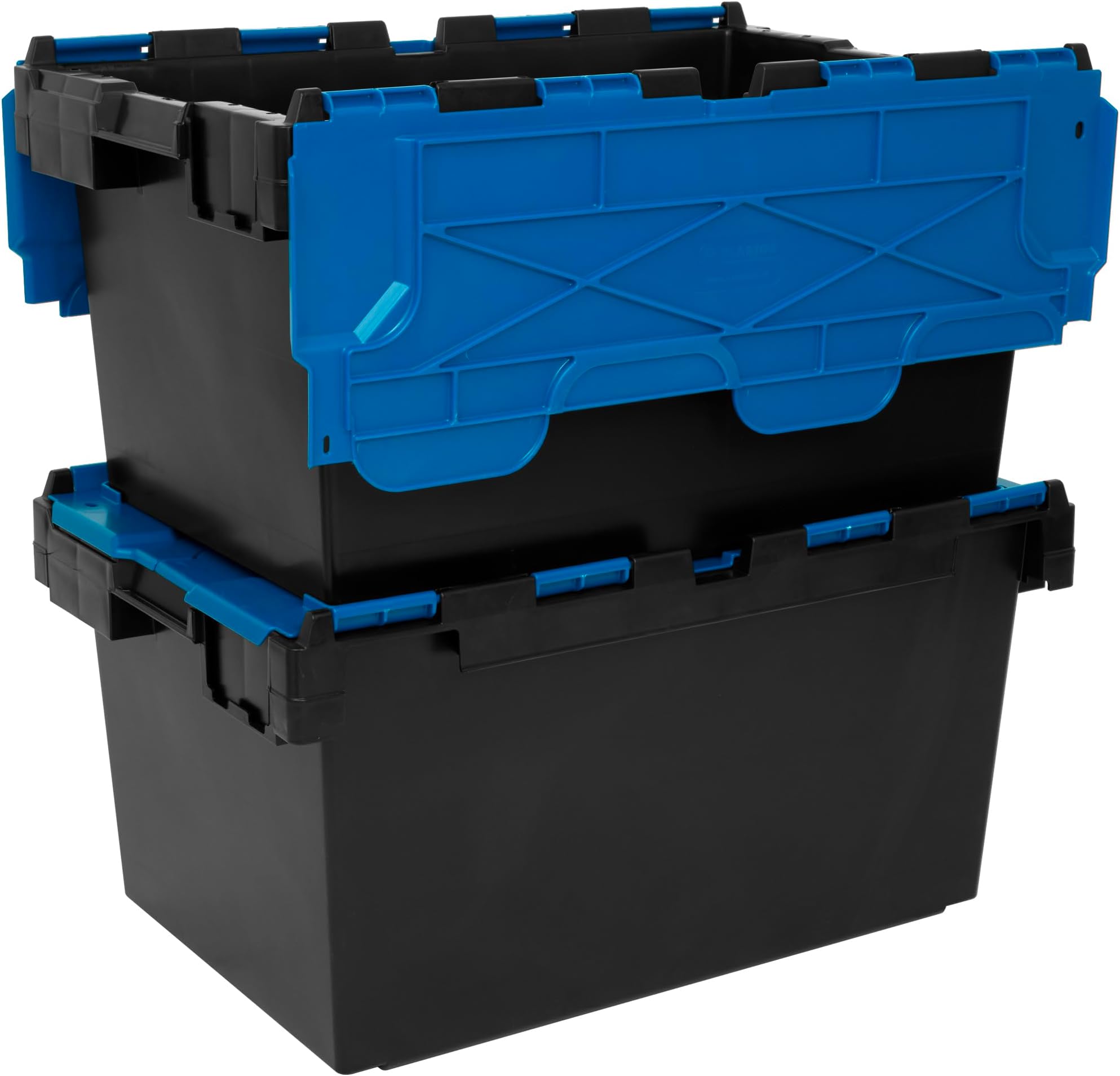 Plastor Pack of 2 - Large Plastic 80 Litre Heavy Duty Storage Boxes (71 x 46 x 36.8cm) Black and Blue LC3 Crates with Attached Hinged Lids