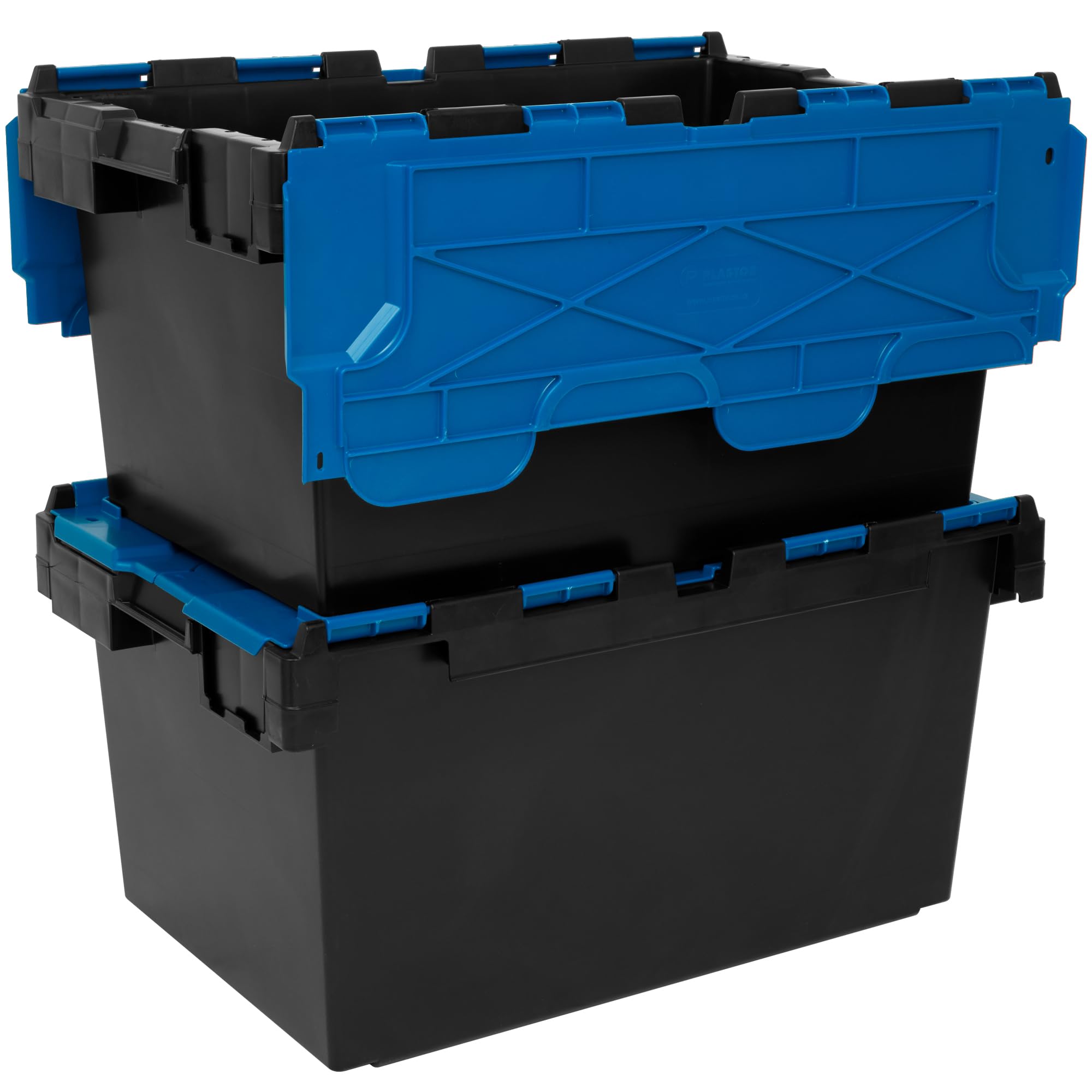 Plastor Pack of 2 - Large Plastic 80 Litre Heavy Duty Storage Boxes (71 x 46 x 36.8cm) Black and Blue LC3 Crates with Attached Hinged Lids