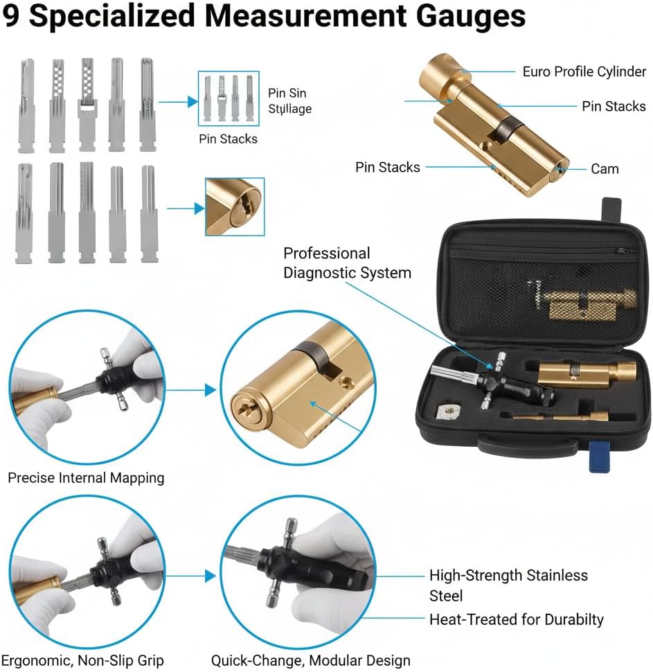 Professional Cylinder Maintenance & Measurement Tool Set – Precision Depth Reading Kit for Euro Profile & Tubular Hardware – Fits T-Handle Cabinets & Vending Machine Diagnostics