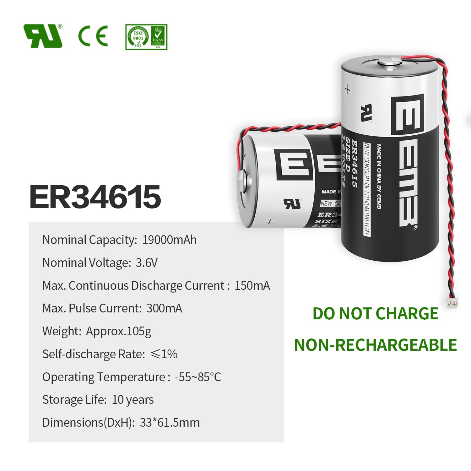 EEMB 3.6V D batteria compatibile con ALEXOR Wireless Outdoor Siren WT4911BATT ADT DSC ER34615-T1 WT4911B WT8911 ER34615 19Ah sostituisce LS-33600 TL-2300/4930/5930 SB-D01/D02 XL-200F/205F