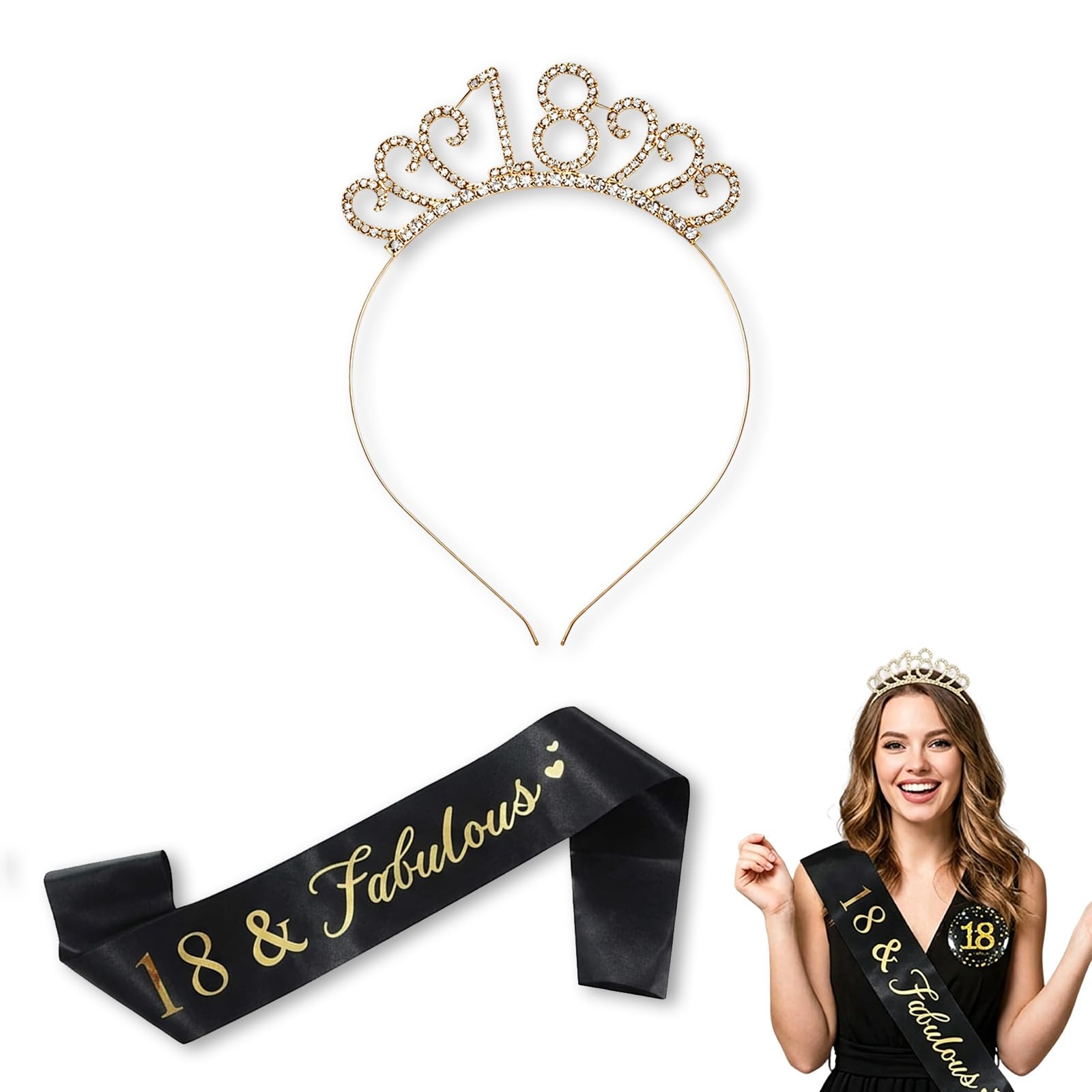 FveVqe 18th Birthday Sash, Badge and Crown for Birthday Party Decorations