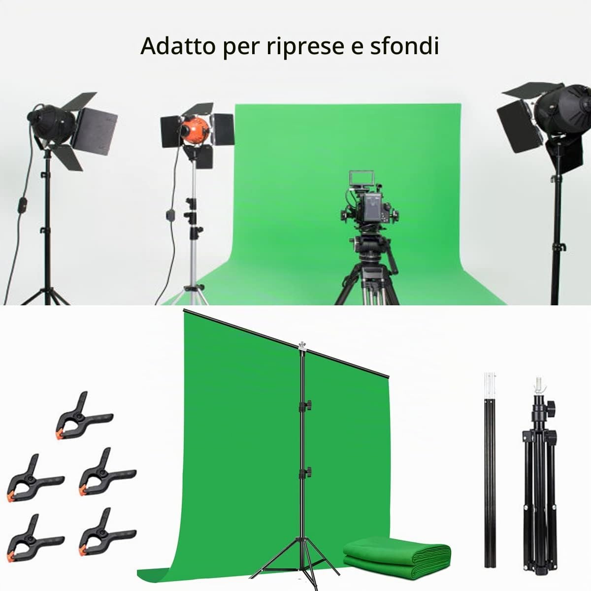 Sfondo Fotografico Kit, 2 x 2 m Verde Green Screen Kit per Studio Fotografico Supporto Regolabile con 5 Clip e Borsa per Il Trasporto per Servizi Fotografici Streaming Video