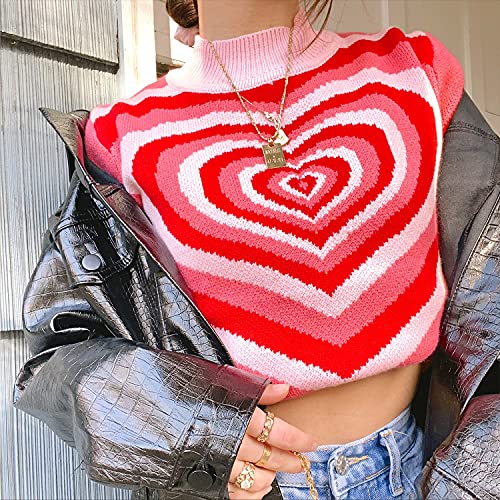 Angashion Women's Pullover Sweaters Casual Heart Printed Mock Neck Long Sleeve Color Block Knit Y2K Sweater Tops Red Medium - Image 3