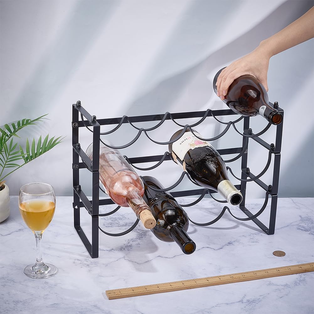 NBEADS Detachable 12 Bottle Wine Rack, 16.9x6.7x11.6 Inch Stackable Black Iron Wine Bottle Holder, Countertop 3-Tier Freestanding Wine Storage Shelf for Kitchen, Bar, Pantry Small Spaces