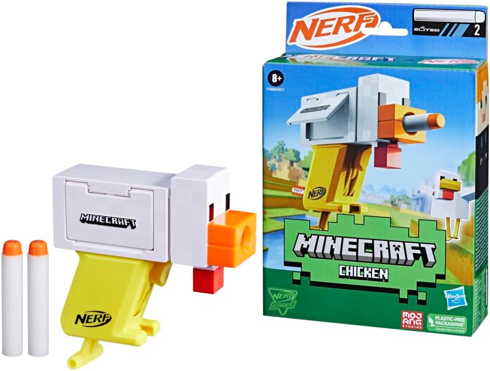 Nerf Microshots Minecraft Chicken Blaster, Includes 2 Nerf Elite Foam Darts