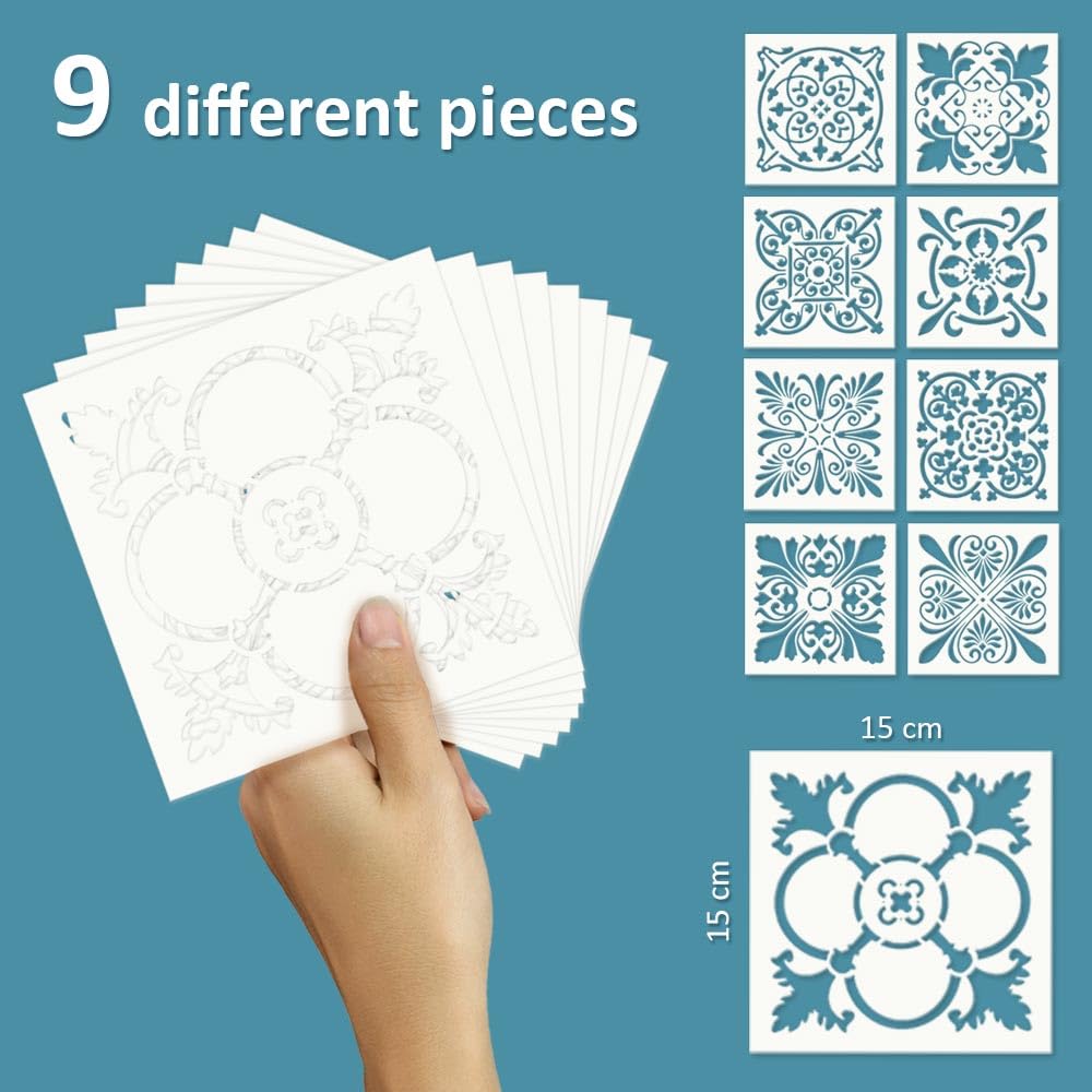 RE-COVERTILES - Stencil per Pittura e Decorazione | Flessibili Lavabili e Riutilizzabili | per Pareti, Pavimenti e Mobili | Set 9pz 15x15 cm