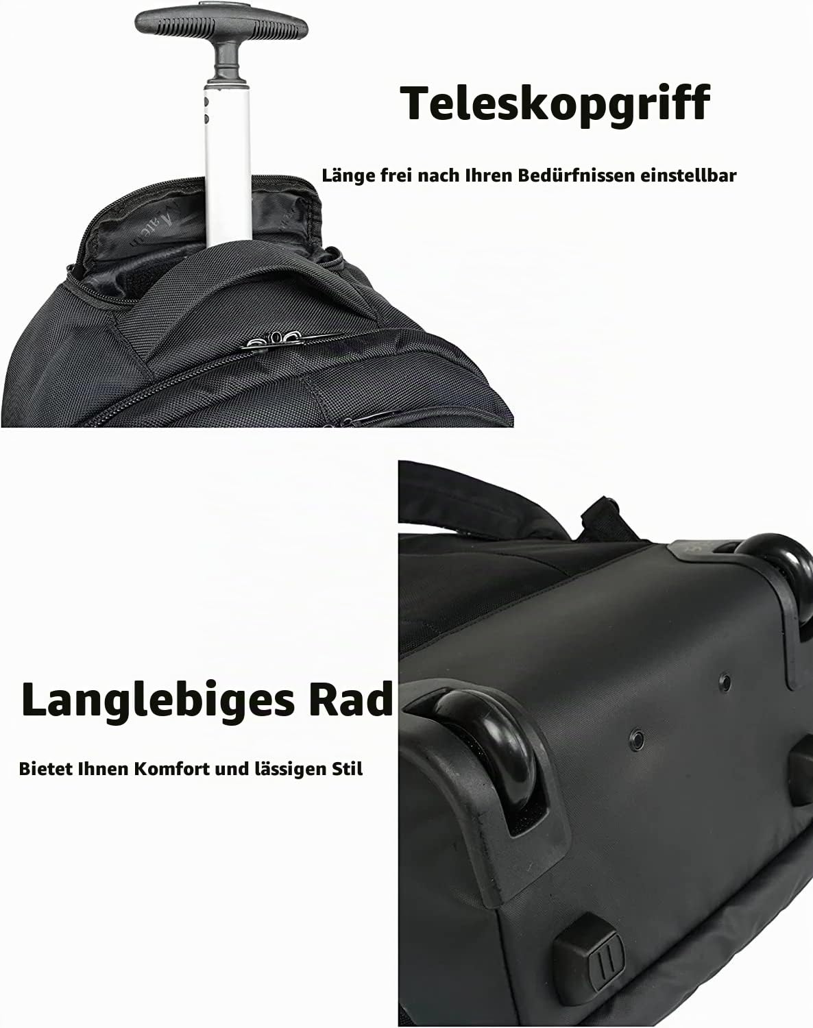 MATEIN Trolley Handgepäck Rucksack, Business Trolley Koffer Groß, Rucksack Mit Rollen 18 Zoll Reisetasch, Pilotenkoffer Reiserucksack für Flugzeug Arbeit Reisen, Schwarz