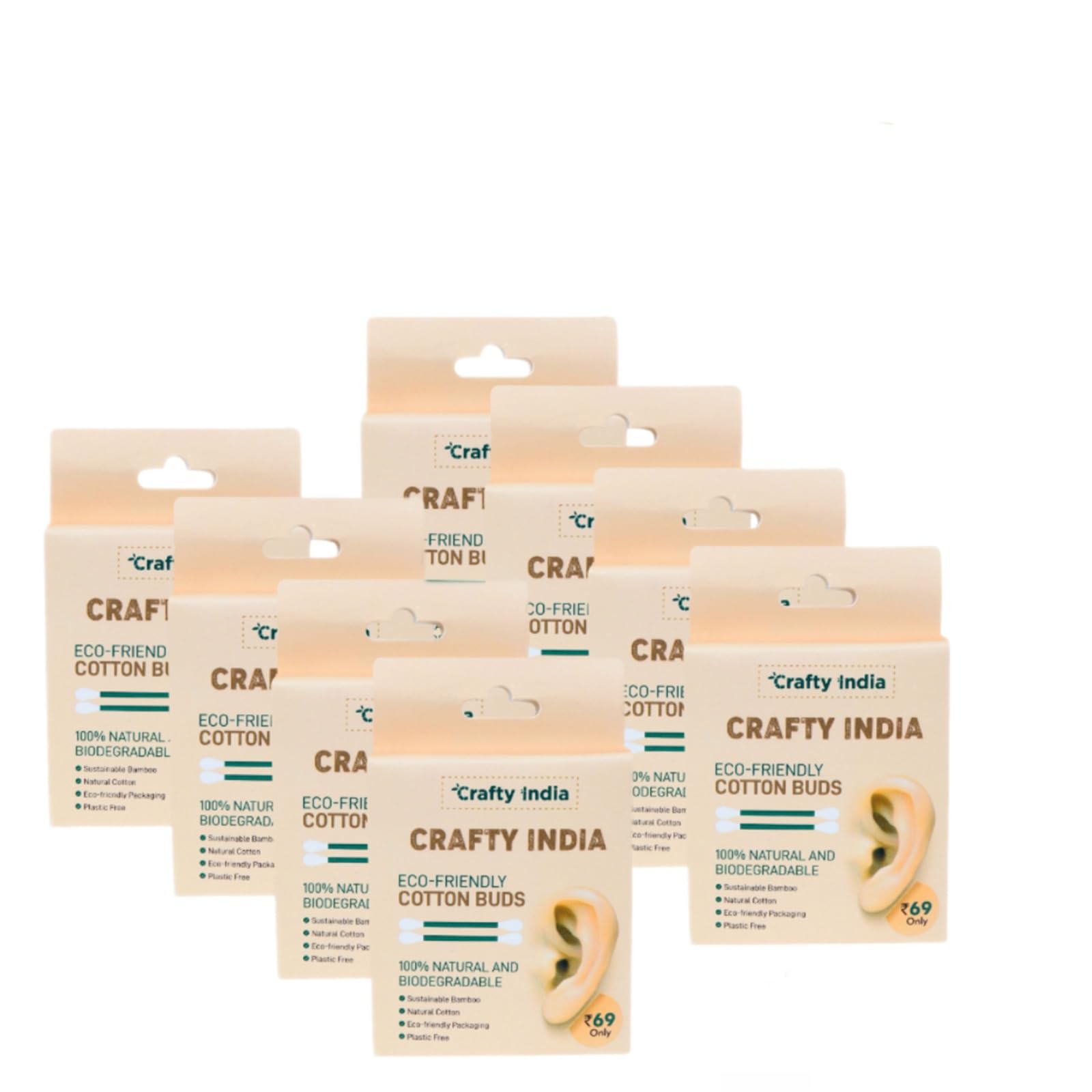 Crafty India 480 Bamboo Cotton Swabs Eco Friendly Wooden Cotton Buds Wood Sticks, Dual Organic Cotton Tipped Applicators Recyclable for Ear Cleaning Makeup(Pack of 8)