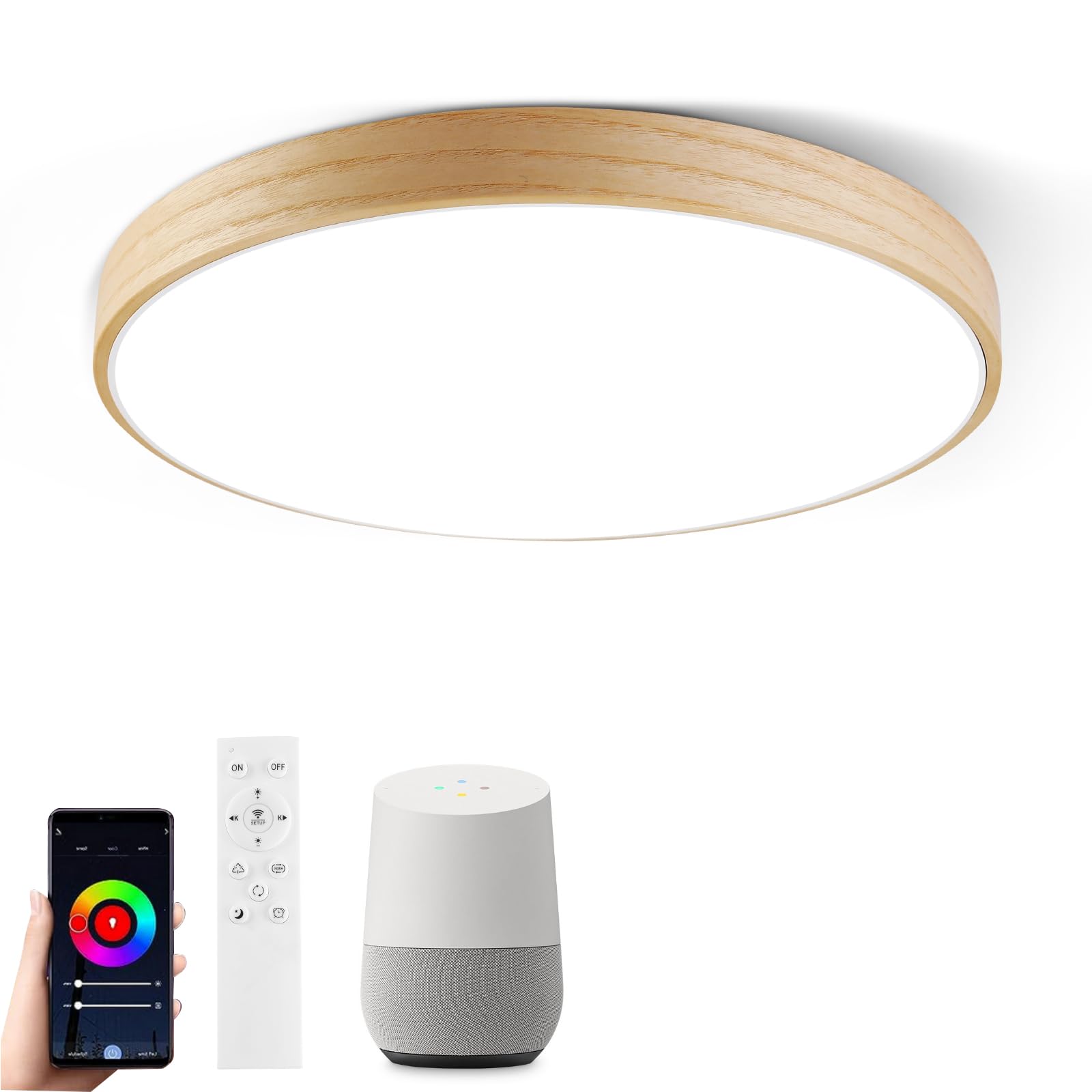 Lámpara de Techo LED Smart WIFI, Luz LED Regulable con Alexa Google Home, Lámpara de Cambio de Color RGB de 28 W con Control Remoto, Luz Hecha de Material de Madera Natural para Dormitorio