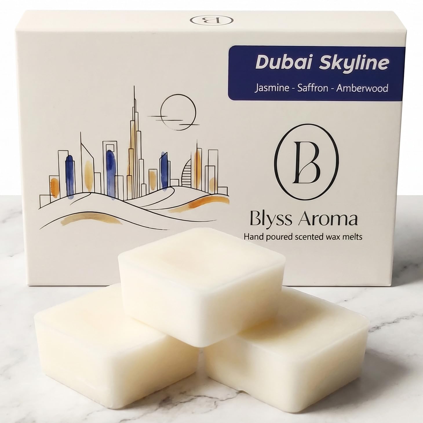 Luxury Wax Melts | Dubai Skyline (Jasmine, Saffron and Amberwood) | Premium Coconut & Rapeseed Wax Blend | 120g Total (Over 100hrs Burn Time) | Highly Scented | Vegan & Eco-Friendly