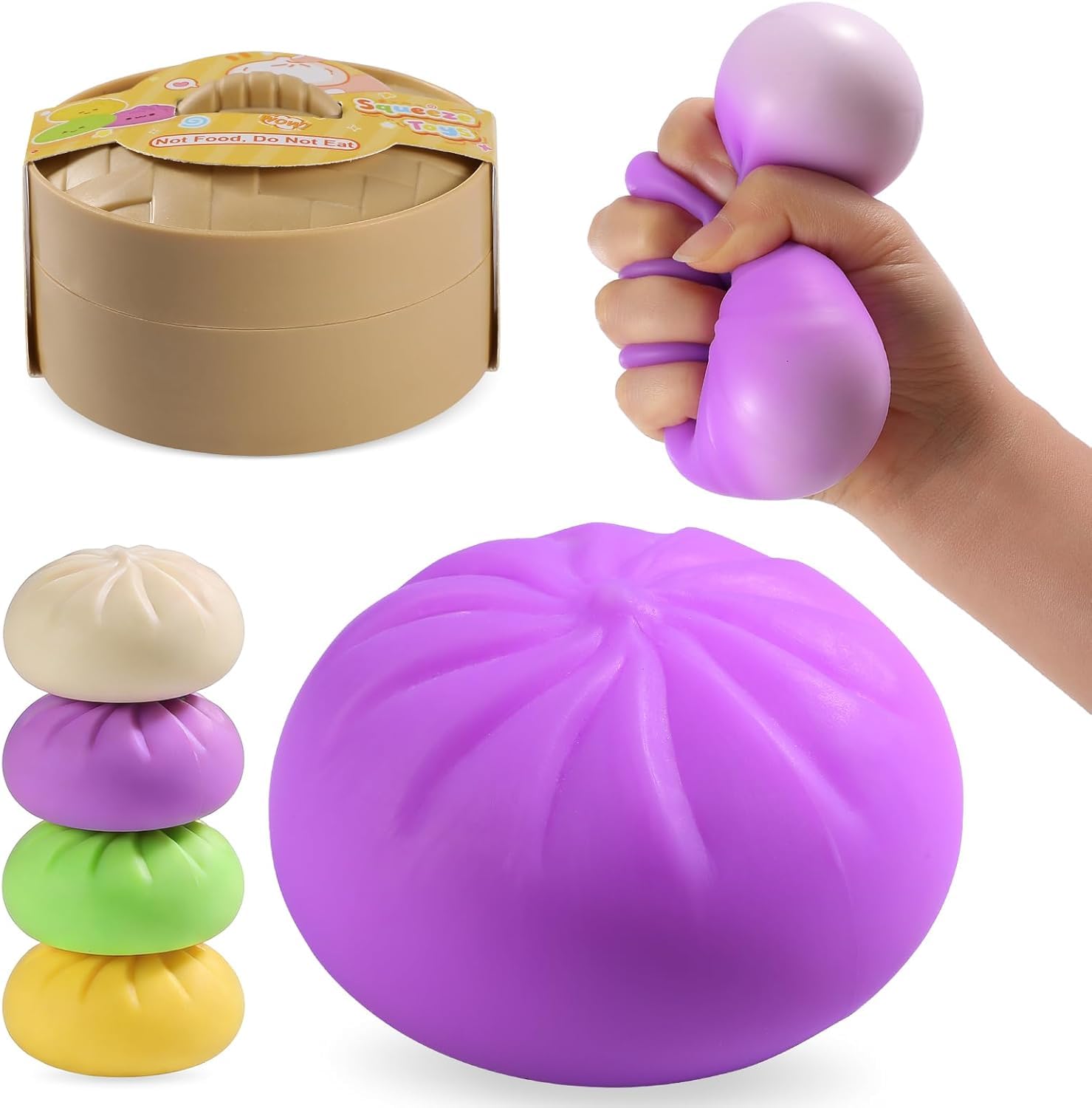 Giant Dumpling Squishy, Mega Dumplings Toy with Steamer Box, Colorful Squishy Dumpling, Large Stress Relief Sensory Ball for Adults and Kid, Soft Squeeze Decompression Dough Fidget Toys (purple)