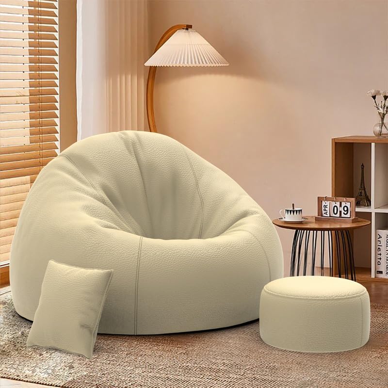 Image of Biggie Bean Bag Chair with Beans Filled 4XL Comfort Haven Bean Sofa-Built for Relaxation-Finished with Elegant Touch with Free Cushion & Footrest (Matching Color : Leatherette Cream)