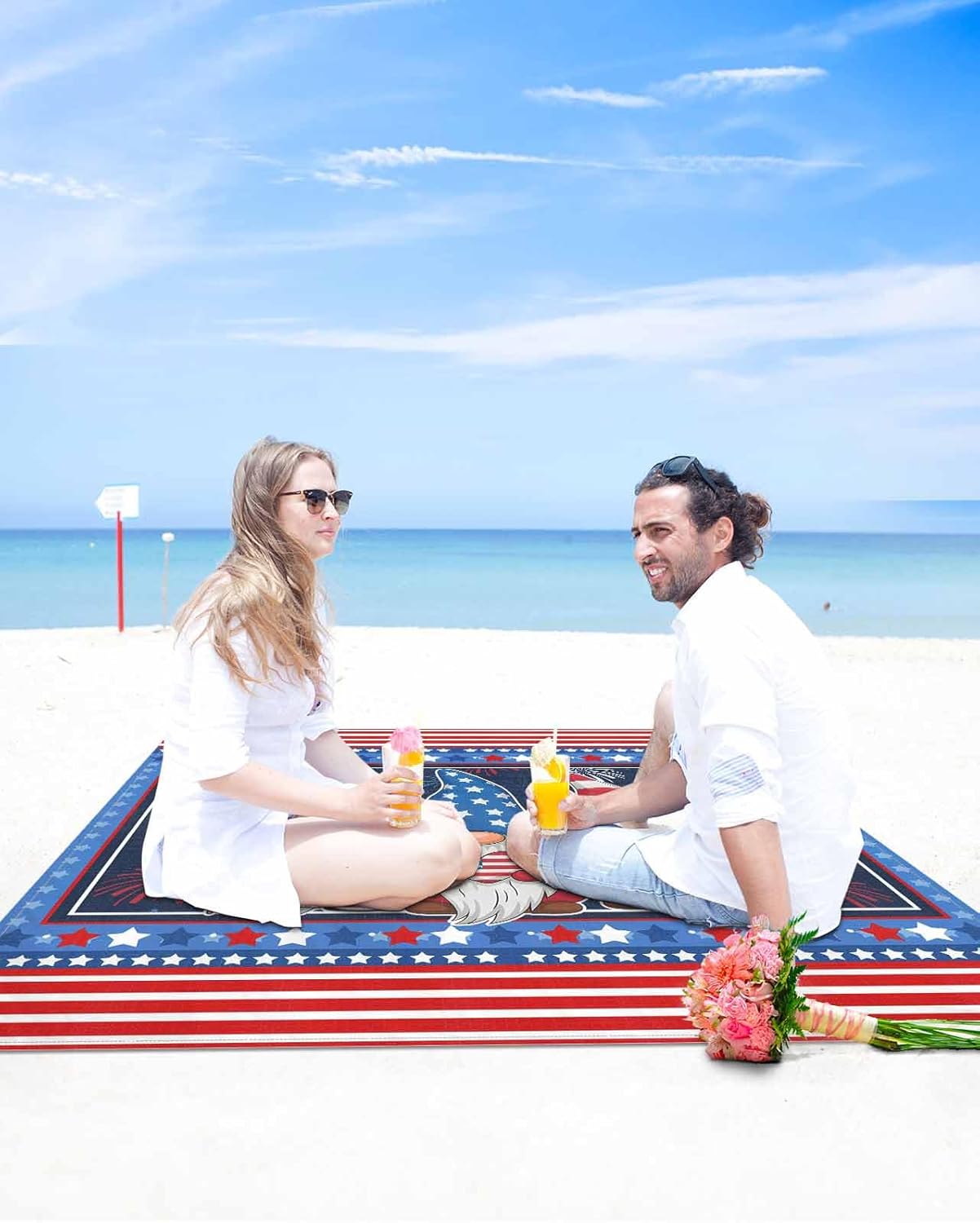 Teamery Beach Blanket 95x80in Gnome Independence Day Stars Red Stripes Waterproof Sandproof Mat, Love USA Flag Outdoor Picnic Mat Beach Accessories for Travel Camping Hiking