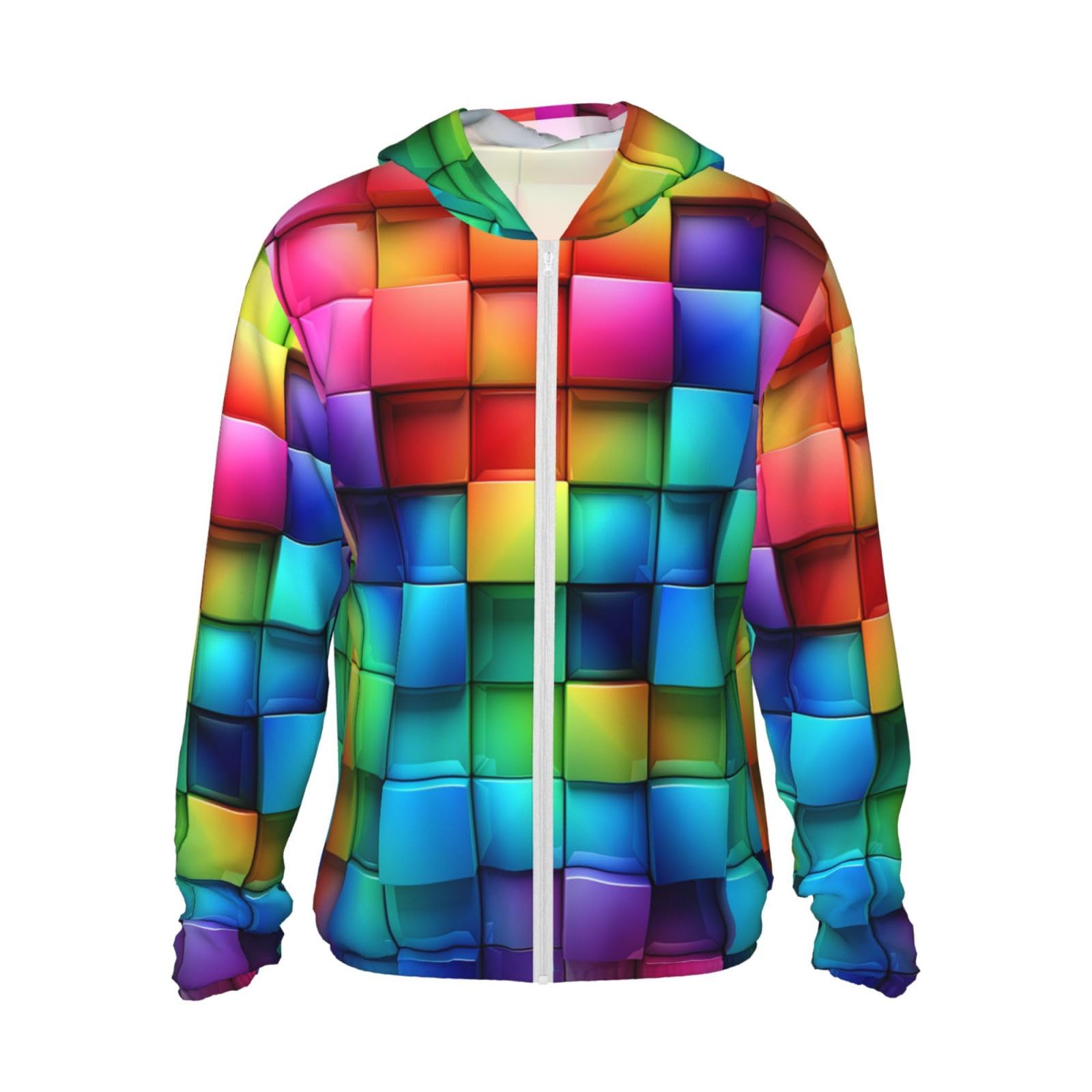 Rainbow Color Plaid Sun Protection Hoodie Jacket Full Zip UPF 50+ Long Sleeve Sun Shirt with Pocket Outdoor