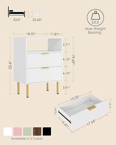 Miniatura 2 de Mesita de noche, mesita de noche de 25.7 pulgadas de alto con estante de 2 cajones, mesita de noche Morden con marco dorado, mesa auxiliar acanalada