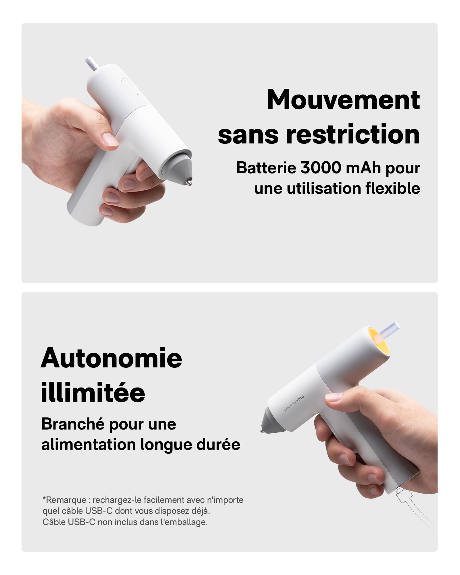 HOTO Pistolet à Colle sans Fil, Pistolets à Chaude Colle Électriques Rechargeable USB-C, 3000mAh, 40X7mm Bâtons de Colle Colorés, Chauffage Rapide de 30s, Distribution Automatique pour DIY/Art/Maison
