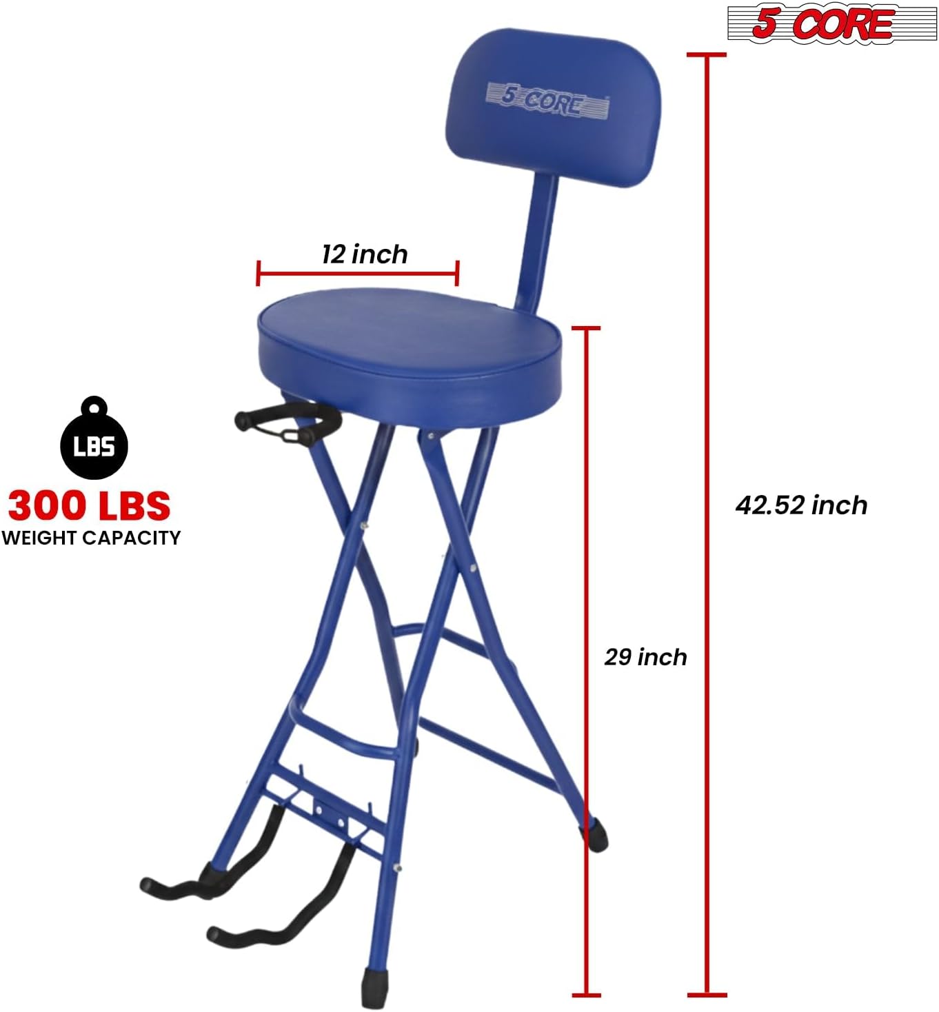 5 CORE Guitar Stool 3.15" Padded Chair Backrest Foldable Seat Foot Rest Guitar Stand for Acoustic Electric Bass Guitars Blue - GSTOOL Oval BLU Rest
