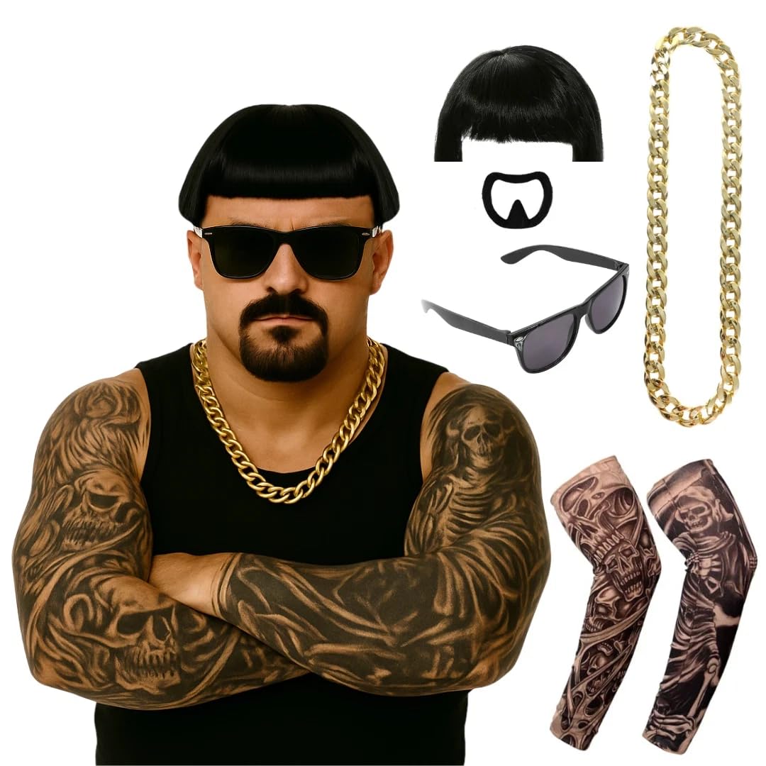 Hemoravoma Final Boss Meme Costume Set for Adults - Complete Ibiza Party Outfit with Goatee Mustache, Sunglasses, Gold Chain Tattoo Sleeves - Funny 90s Rave Cosplay for Men & Women