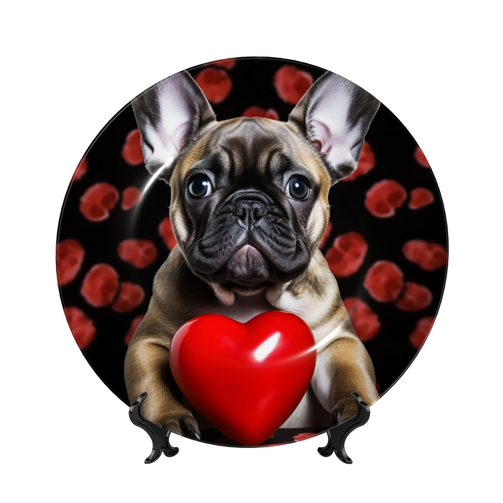 Bouledogue français porcelaine assiette déco cœur rouge fait main 25cm