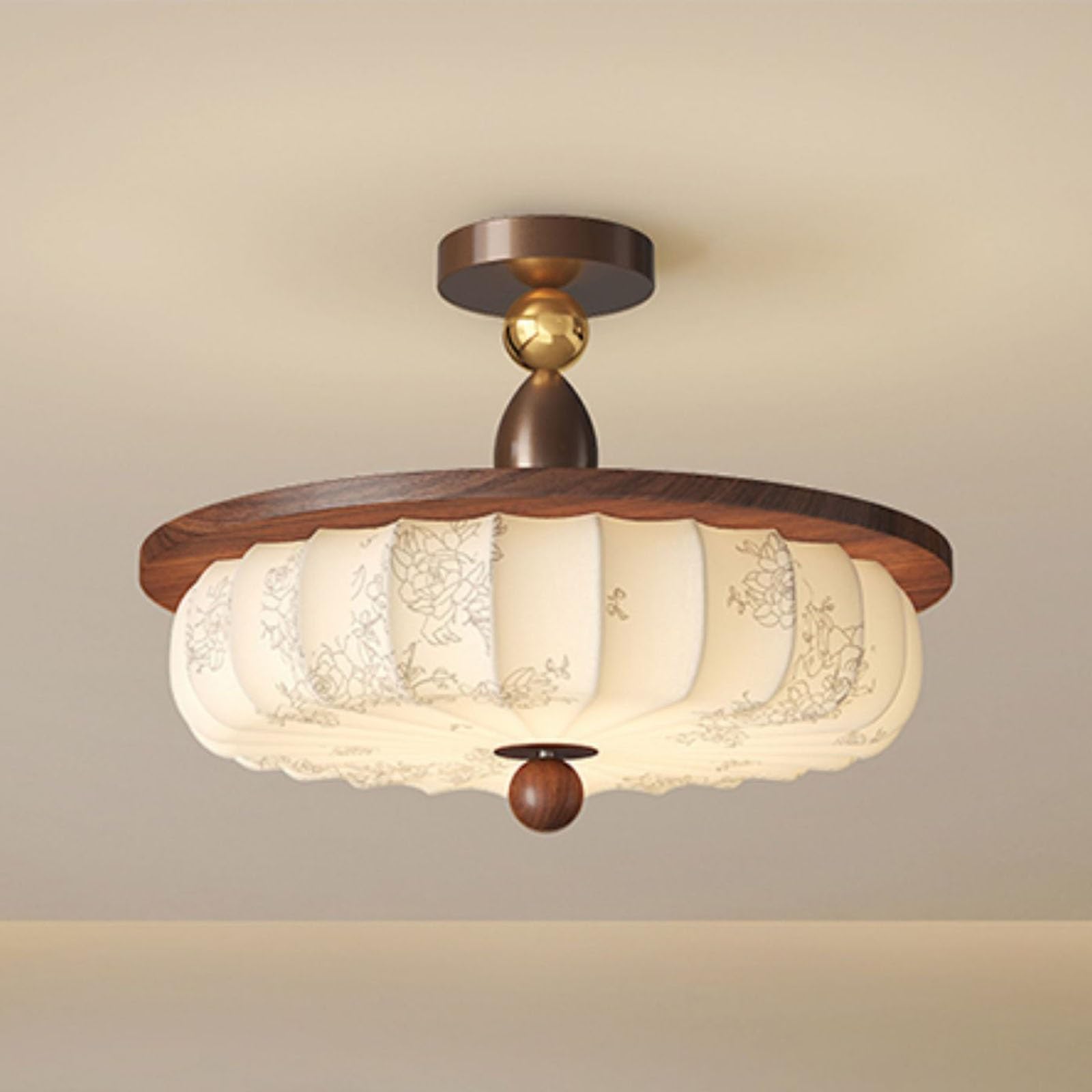 Nowoczesna Lampa Sufitowa z Abażurem z Tkaniny w Kwiaty, Wykończenie w Kolorze Orzecha Włoskiego, ściemnialna Lampa Sufitowa, Eleganckie, Delikatne Oświetlenie do Salonu, Gabinetu, Biura(45cm/17.7in)