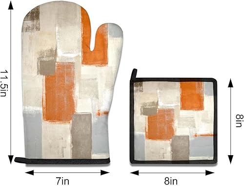 Miniatura 6 de MCALK Juego de 5 manoplas de horno naranjas y soportes para ollas, guantes de horno beige y almohadillas calientes para cocina de cocina, manoplas