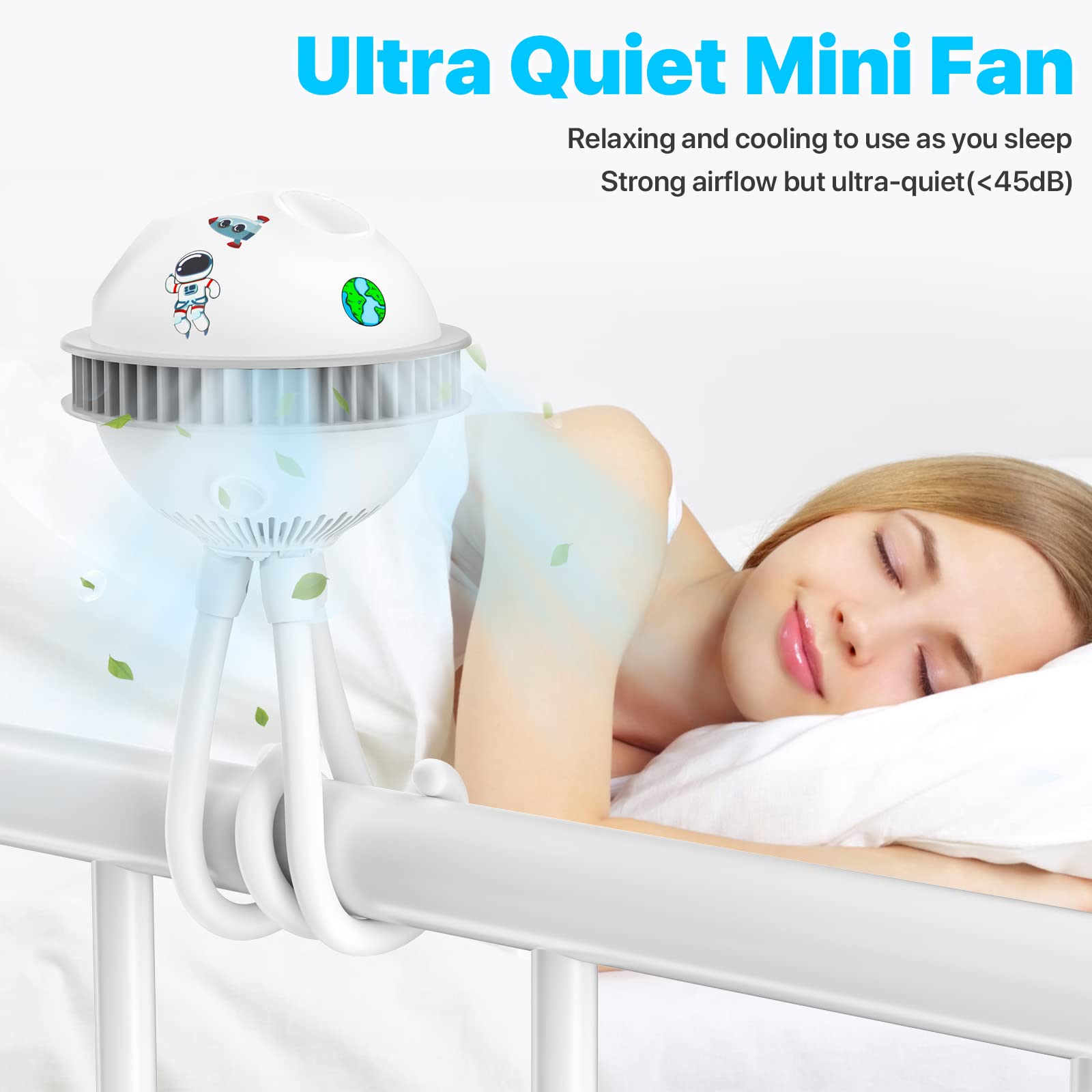 Portable Ventilateur USB, Silencieux Ventilateur Poussette Bébé avec Trépied Flexible, 4 Vitesse Réglable, Alimenté par Batterie Ventilateur pour Poussette, Siège d'Auto, Tente