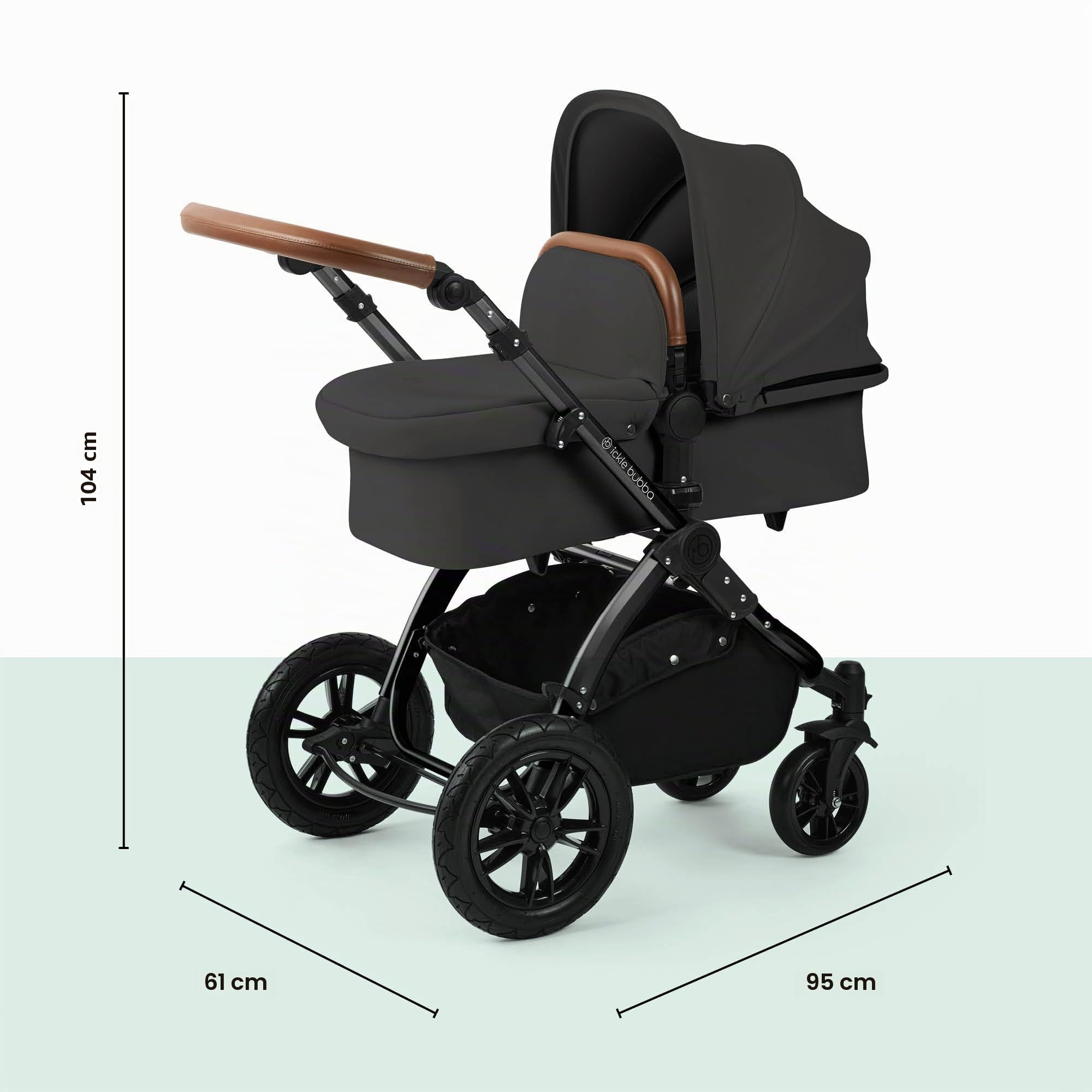 Poussette Tout-Terrain 12pcs Ickle Bubba Stomp Luxe – Système de Voyage 3 en 1 avec Siège Auto i-Size Cirrus + Base ISOFIX – Siège Réversible, Landau & Accessoires (Noir/Gris anthracite/Beige)