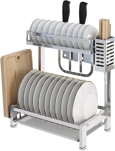 Escurridor de platos de acero inoxidable de 2 niveles, jaula para palillos, estante para tabla de cortar, ahorra espacio