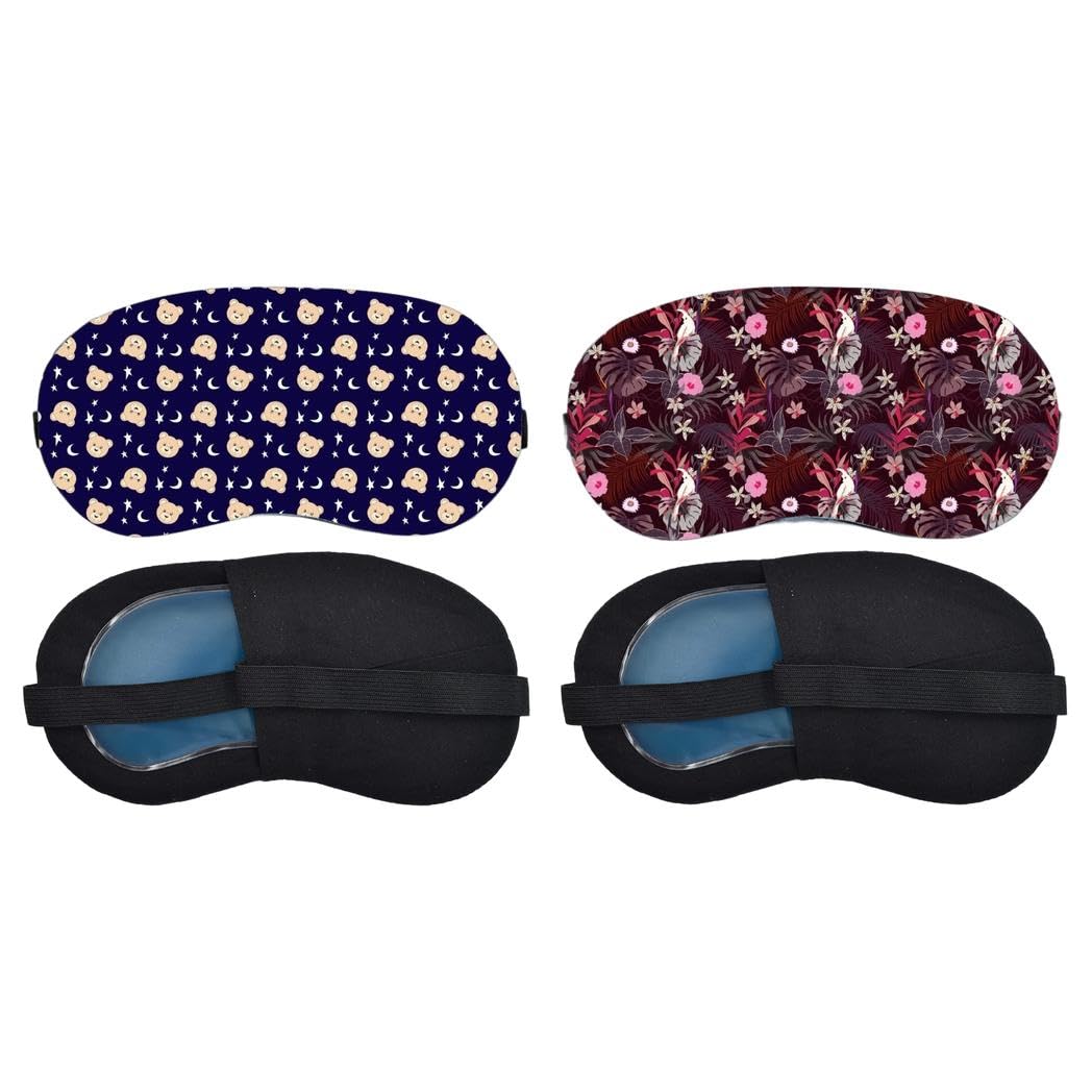 Aoxeria Teddy Bear Moon Pattern, Burgundy Botanical Floral Sleeping Mask Combo, Soft Comfortable Light-Blocking Eye Cover for Women, Men & Kids, Reusable Blindfold for Night Sleep, Nap (Pack of 2)-image-1