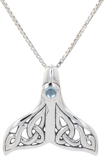 Collar con colgante de nudo celta de cola de ballena de plata de ley, 18 pulgadas, topacio azul, Plata esterlina, Topacio