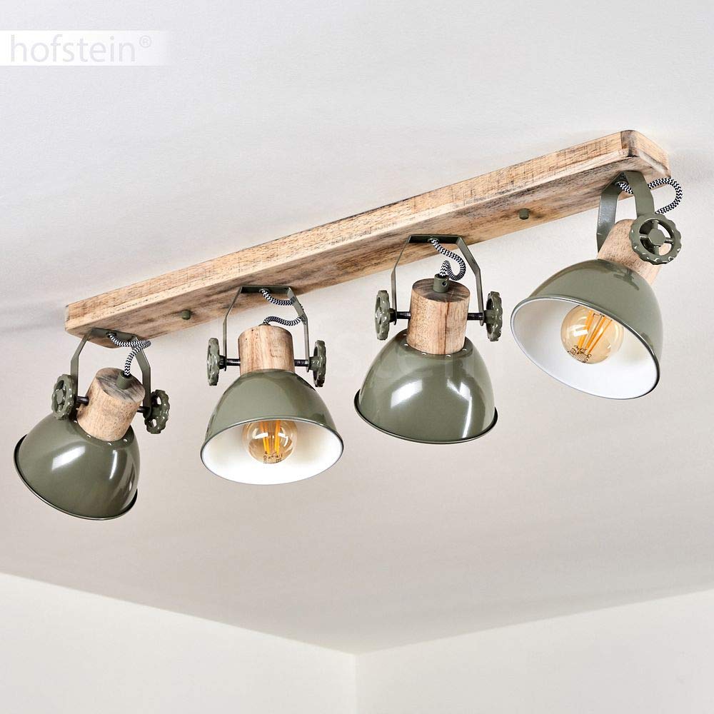 Lámpara de techo Orny, foco de techo de 4 luces de madera y metal en verde, lámpara de interior de aspecto industrial/vintage, 4 x E27, las cabezas de las lámparas son ajustables,sin bombilla(s)