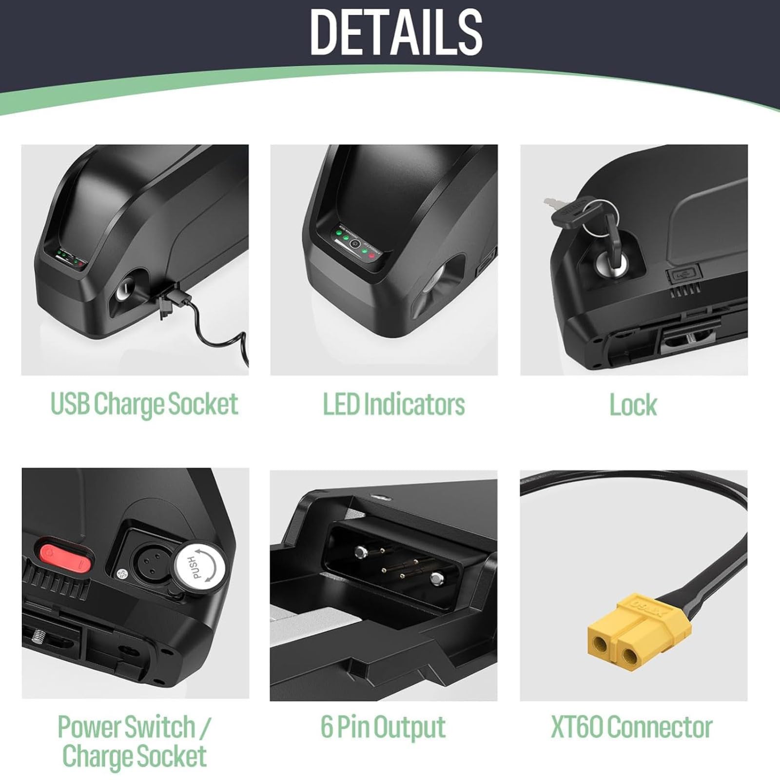 Batterie Lithium-ION Étanche 48 V 16 Ah pour Vélos Électriques, avec Protection BMS Et Antivol, Amovible Et Fournie avec Chargeur pour VTT Et Vélos De Ville Électriques.