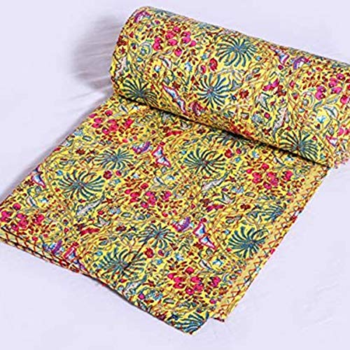 YUVANCRAFTS Handmade Floral Print Kantha Quilt Pure Cotton Traditional Print Single Size Quilt Blanket Bedspreads Throw (Yellow 2)