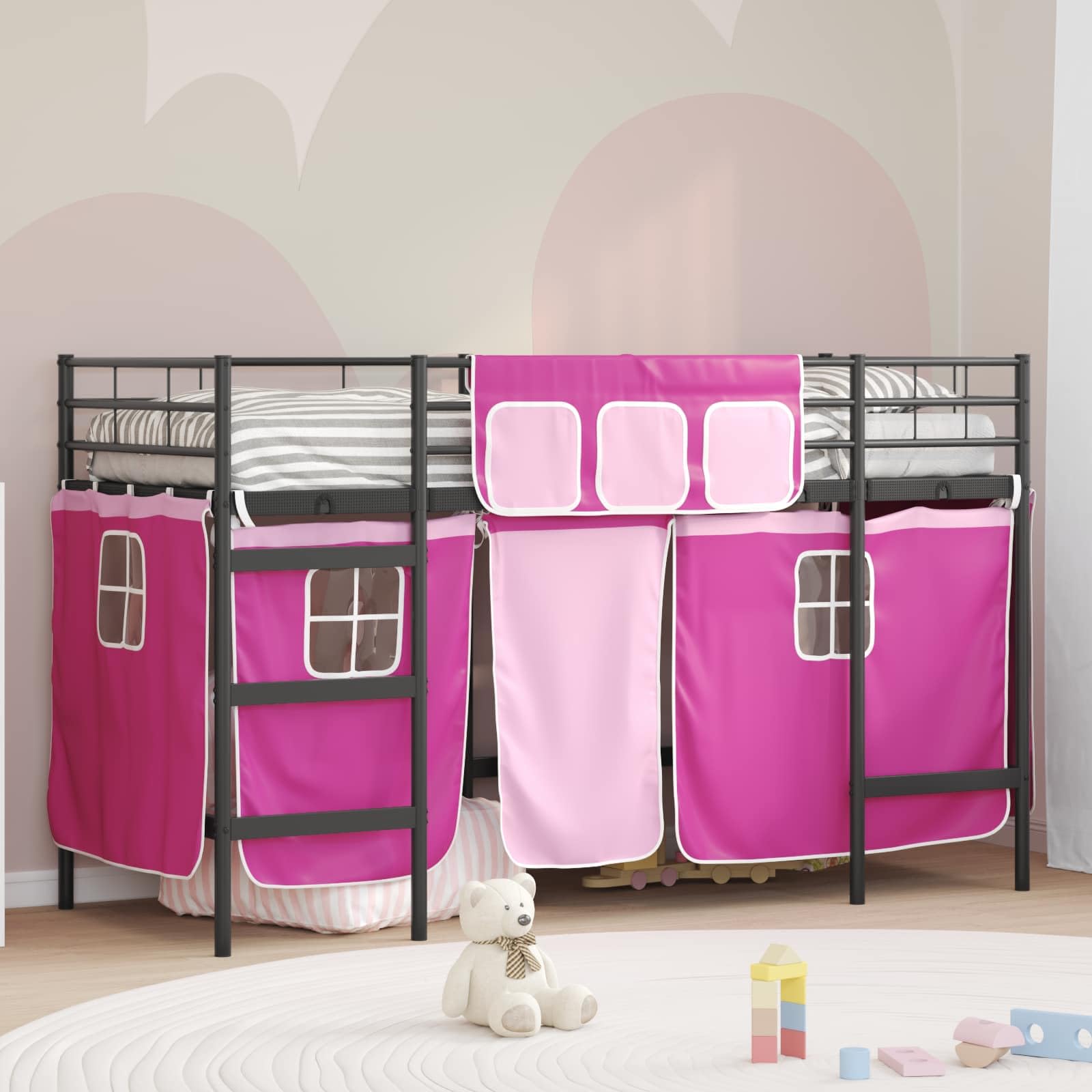 Letto a castello per bambini con tende, nero e rosa, 100 x 190 cm | Struttura in metallo robusta, testiera montata a parete, tende in rete, finitura a polvere durevole