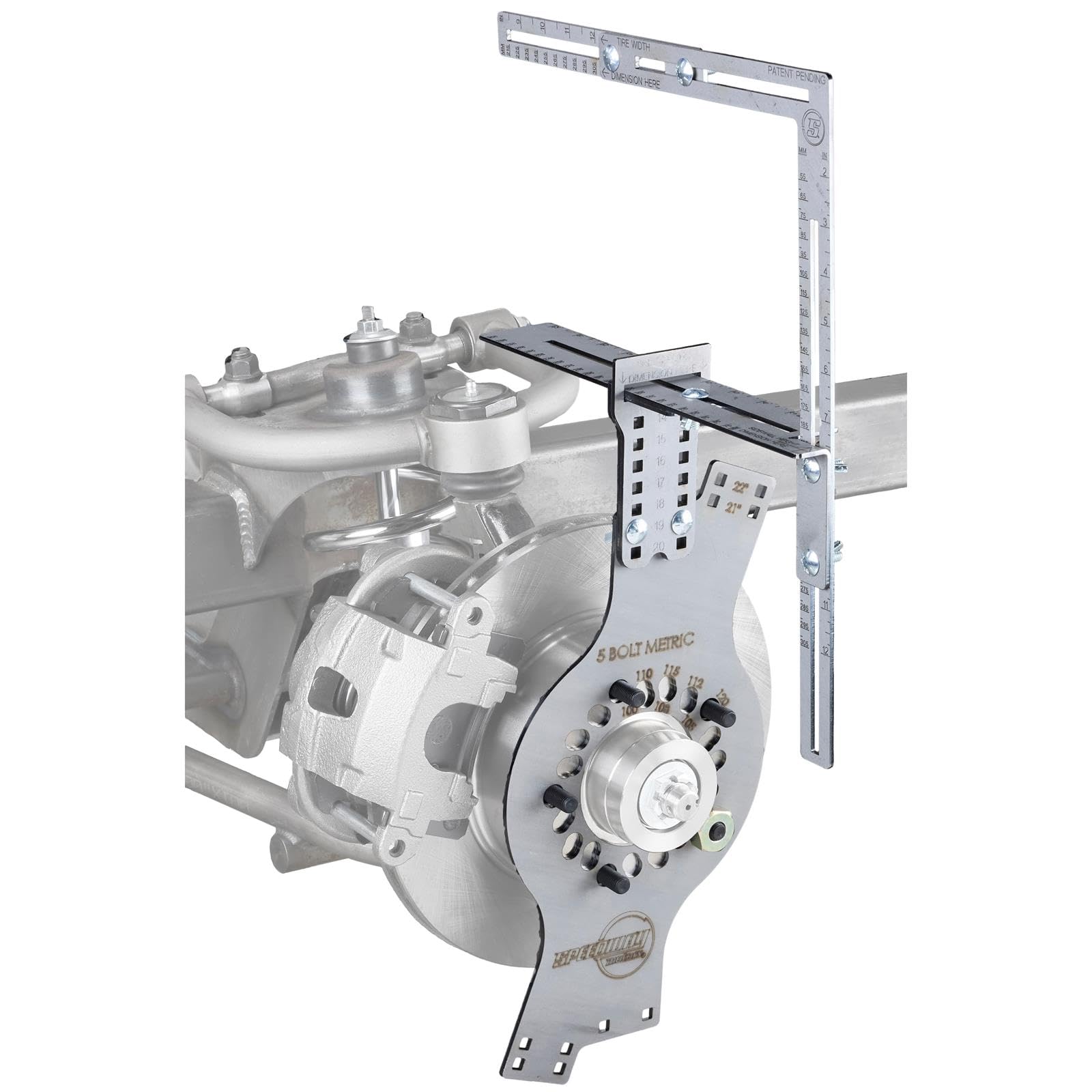 Speedway Motors WheelWise™ 5-Lug Metric Wheel Fitment Tool with Tire Size Attachment, Simulates 14-22 Inch Rim Diameters, 8-14 Inch Widths, 2.5-11.5 Inch Sidewalls, Laser Cut Steel