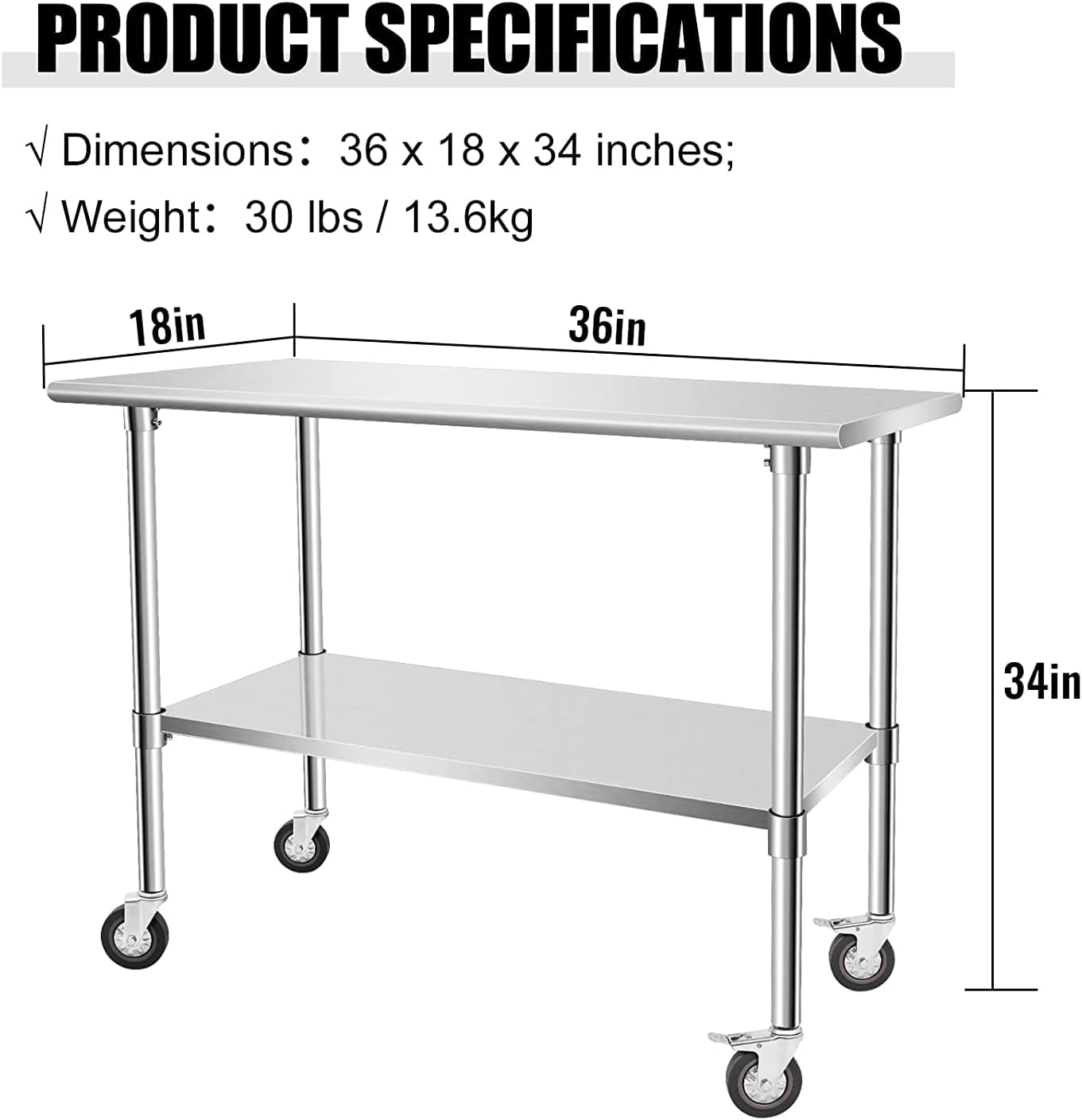 Stainless Steel Table, 36" X 18" Work Table with Wheels， 2 Shelves Metal Prep Table for Commercial Kitchen Restaurant Garage