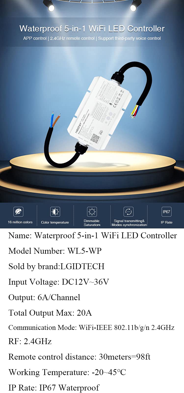 LGIDTECH WL5-WP Miboxer - Tira de luz LED 5 en 1 para 5050 3528, IP67 impermeable, control de aplicación de smartphone sin hub adicional. Control de voz Amazon Alexa Google Home Assistant, DC 12-36V
