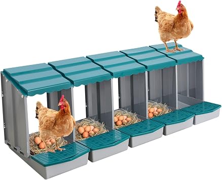 Chicken Nesting Box, 5 Compartments PP Nesting Box, Wall Mountable Nesting Boxes with Inclined Top, Drain Holes & Resting Platform for Chicken and Poultry to Collect Eggs