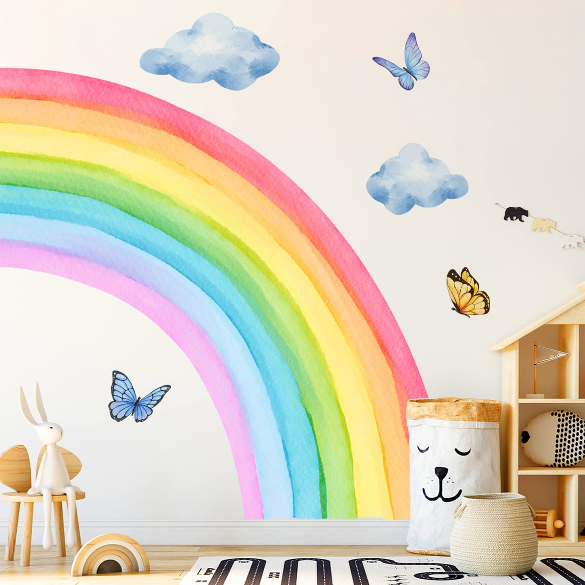 Supzone Wandtattoo Regenbogen Groß 120*108cm Wandaufkleber Aquarell Regenbogen Wolke Schmetterling Wandsticker Mädchenzimmer Abnehmbar Wanddekor für Kinderzimmer Babyzimmer Schlafzimmer Türen Wanddeko