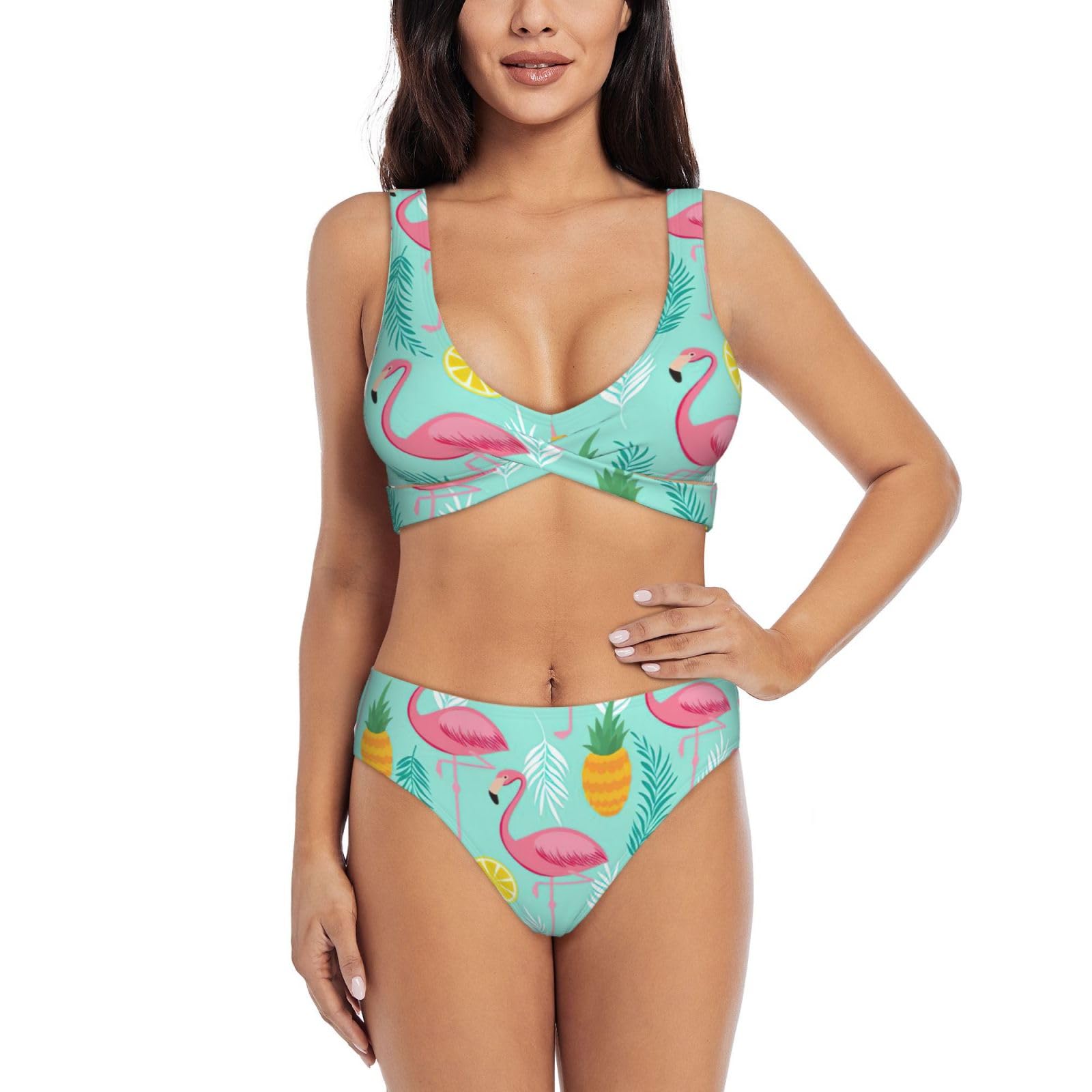 Okfsty Women's Black Flamingo Bikini Set For Front Cross Design Push Up High Waisted Two Piece Swimsuit