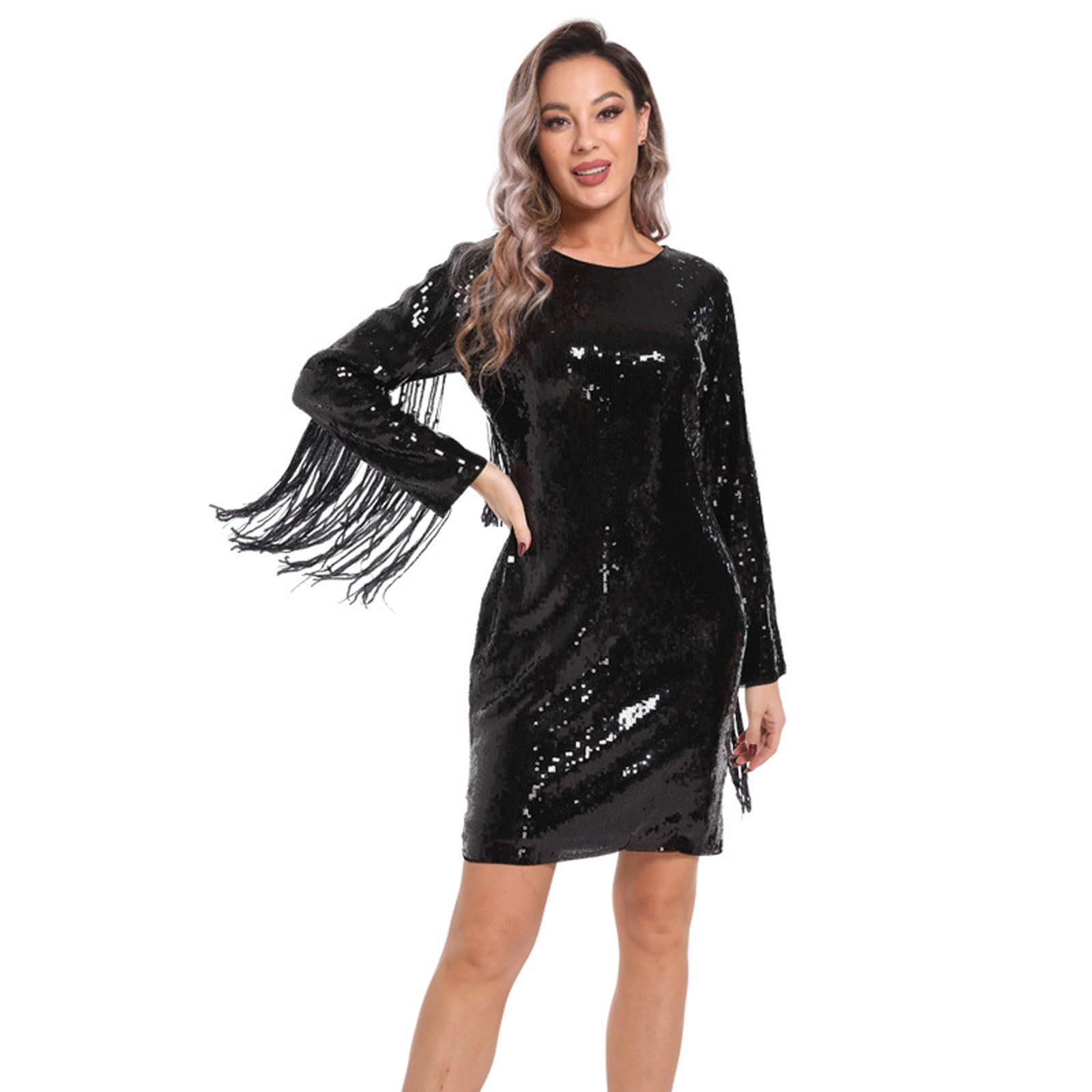 Vestido De Lentejuelas Mujer con Flecos Corto Curvy Sexy Elegante Fiesta Vestidos Brillantes Mujer Manga Larga Ajustado Ceremonia Cóctel Club Dress